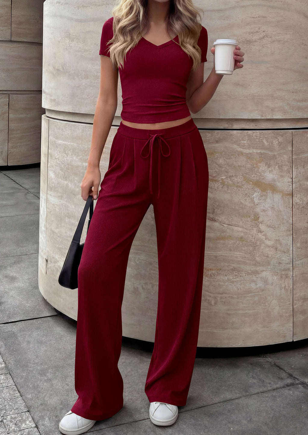 PRETTYGARDEN 2 Piece Sets for Women Summer Spring Lounge Set Matching V Neck Tops Wide Leg Pants Airport Travel Outfits
