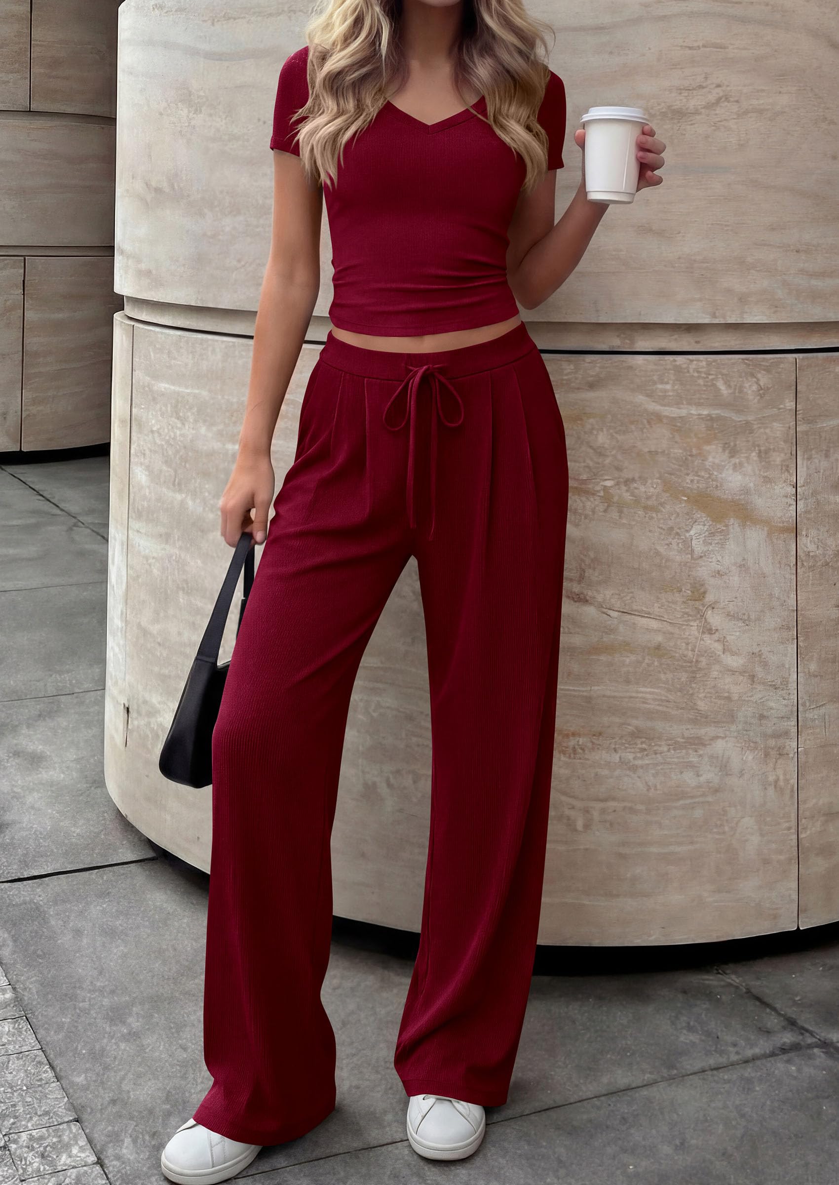PRETTYGARDEN 2 Piece Sets for Women Summer Spring Lounge Set Matching V Neck Tops Wide Leg Pants Airport Travel Outfits