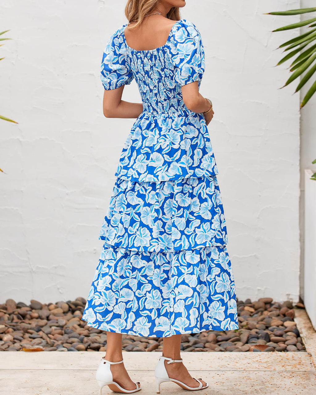 BTFBM Womens Square Neck Smocked Dress Summer Puff Short Sleeve Floral Casual Ruffle Tiered Maxi Wedding Guest Dresses