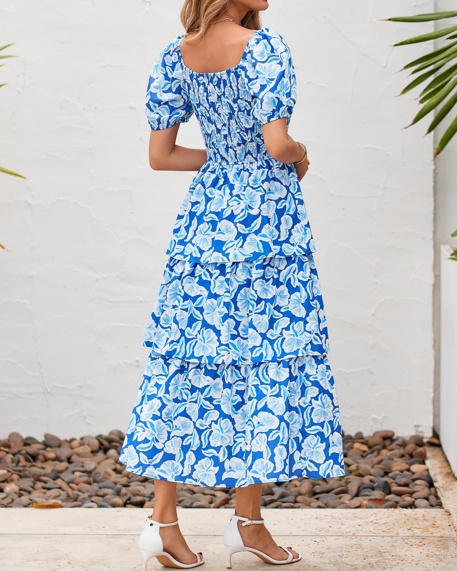 BTFBM Womens Square Neck Smocked Dress Summer Puff Short Sleeve Floral Casual Ruffle Tiered Maxi Wedding Guest Dresses