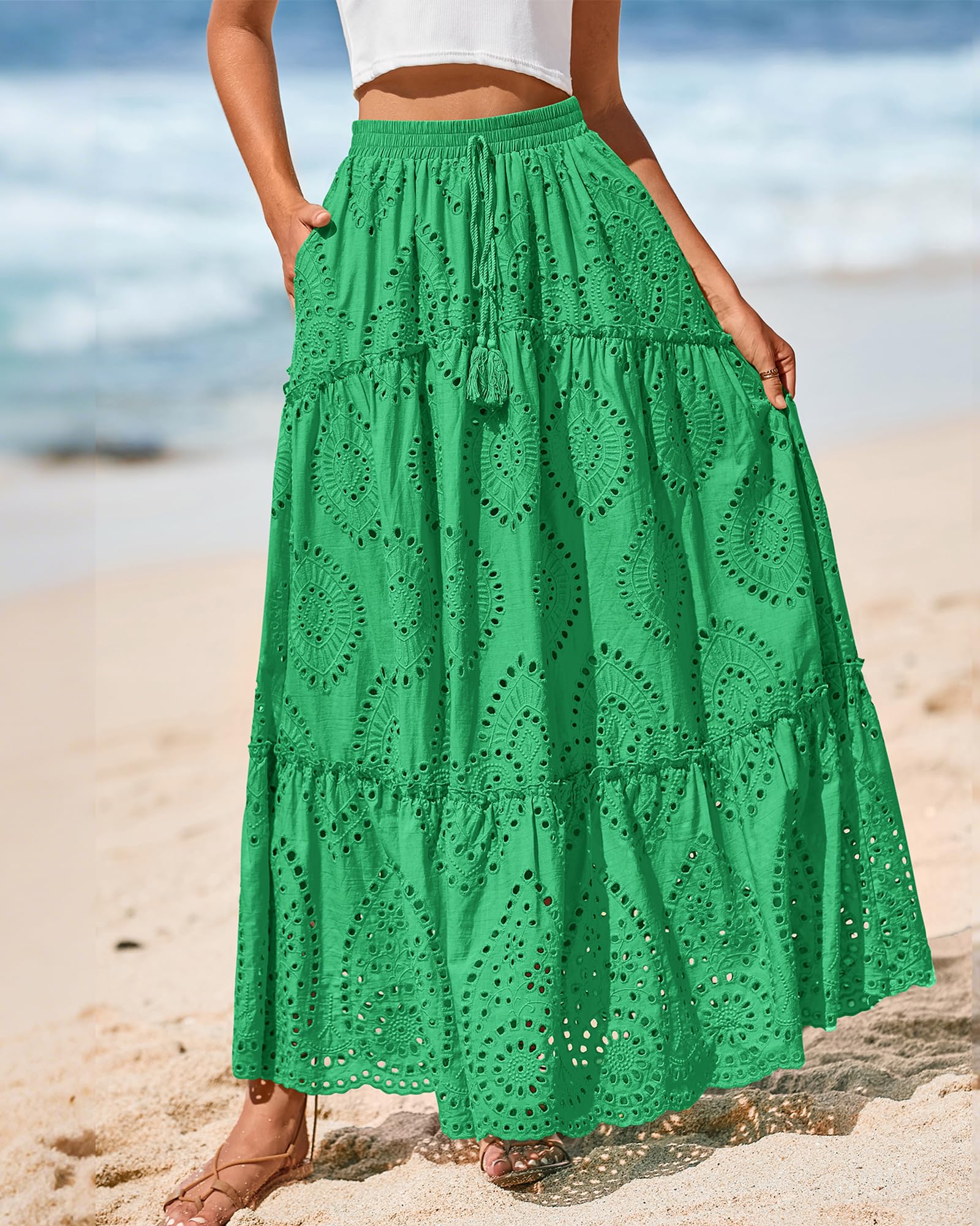 BTFBM Long Skirts for Women Summer Boho Lace Embroidery High Waist Flowy Tiered Spring Maxi Skirt Beach Vacation