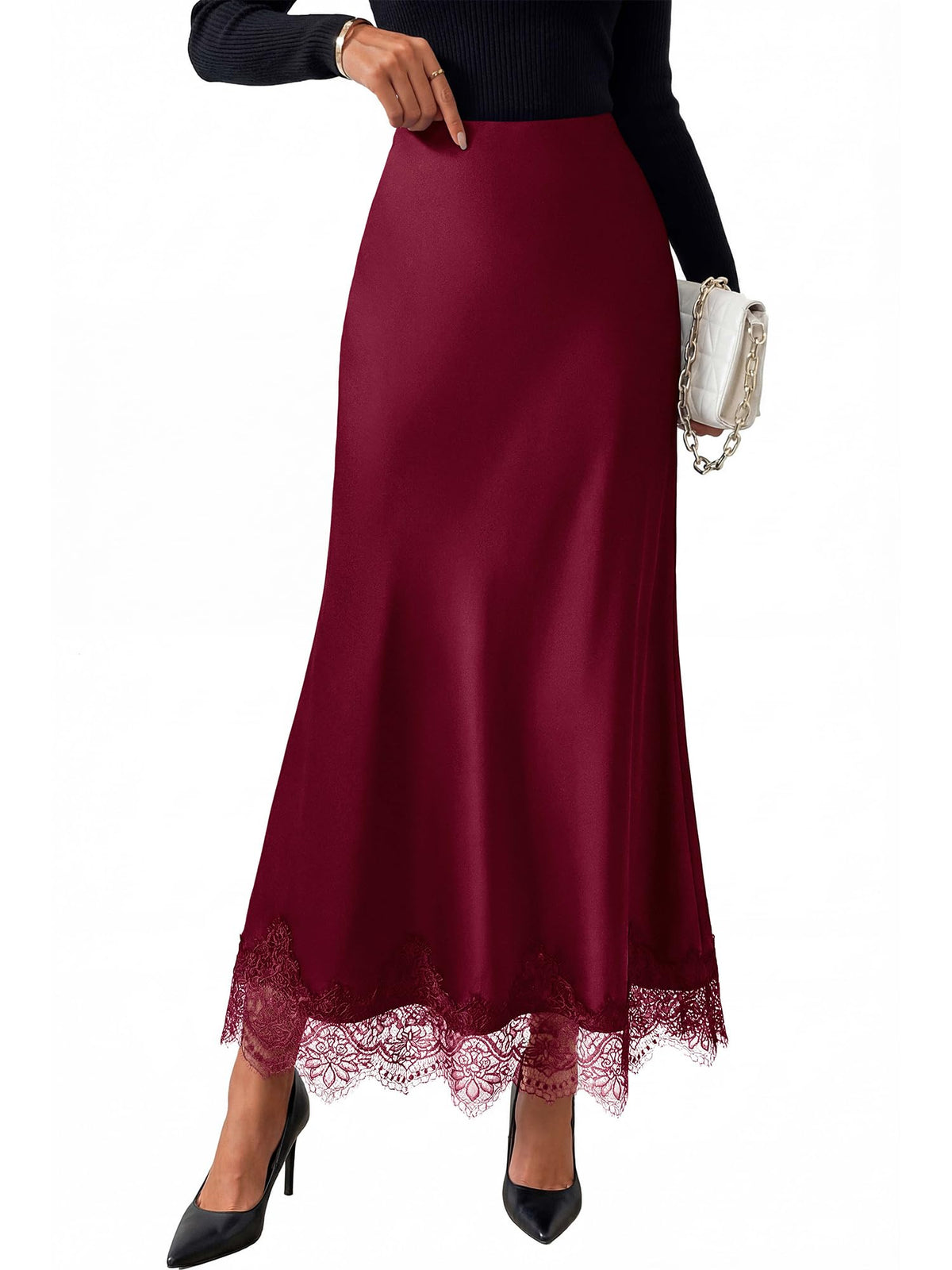 BTFBM Lace Trim Satin Skirts for Women Elegant | Lightweight, High Waist, A-Line, Flowy Maxi Skirt, Wedding, Cocktail, Graduation, Holiday Outfits, Fall Fashion Clothing