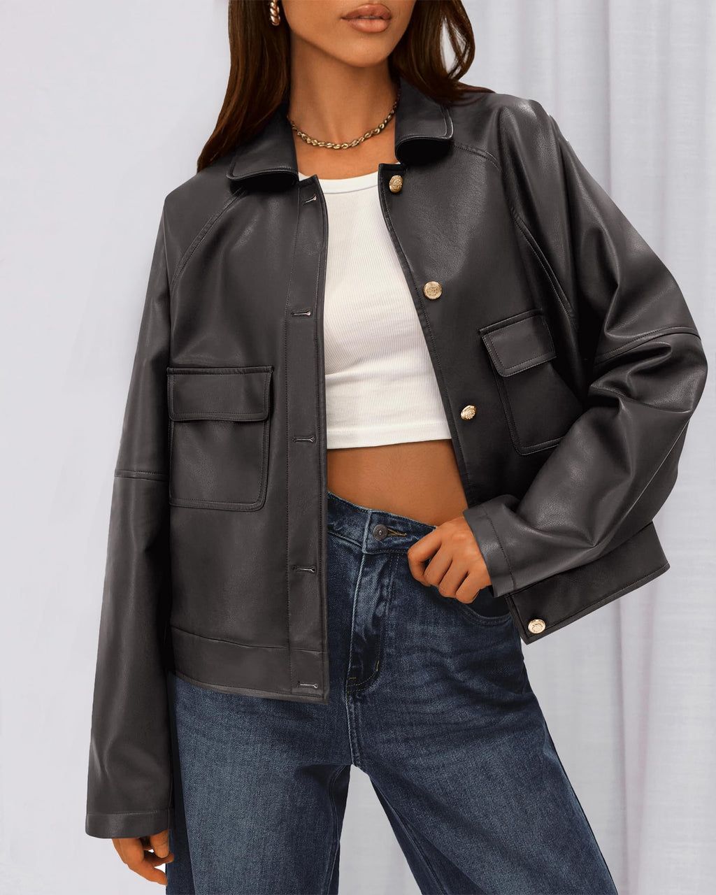 FreshPretty Leather Jacket Women Fall Clothes Long Sleeve Button Down Winter Coats Oversized Motorcycle Outwear