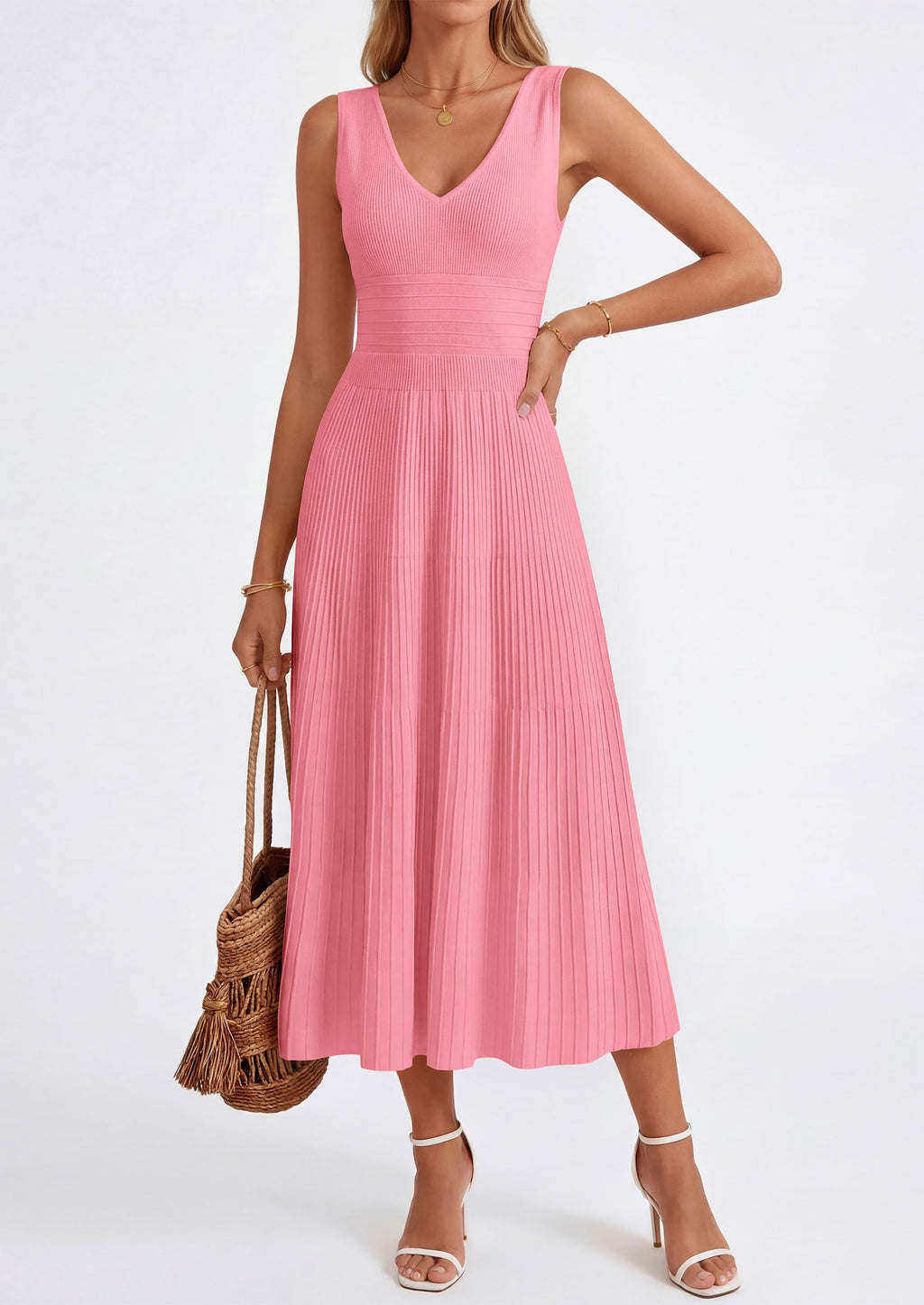 PRETTYGARDEN Women's Summer Casual Dresses Spring Sleeveless V Neck Knit Midi Business Work A Line Cocktail Dress