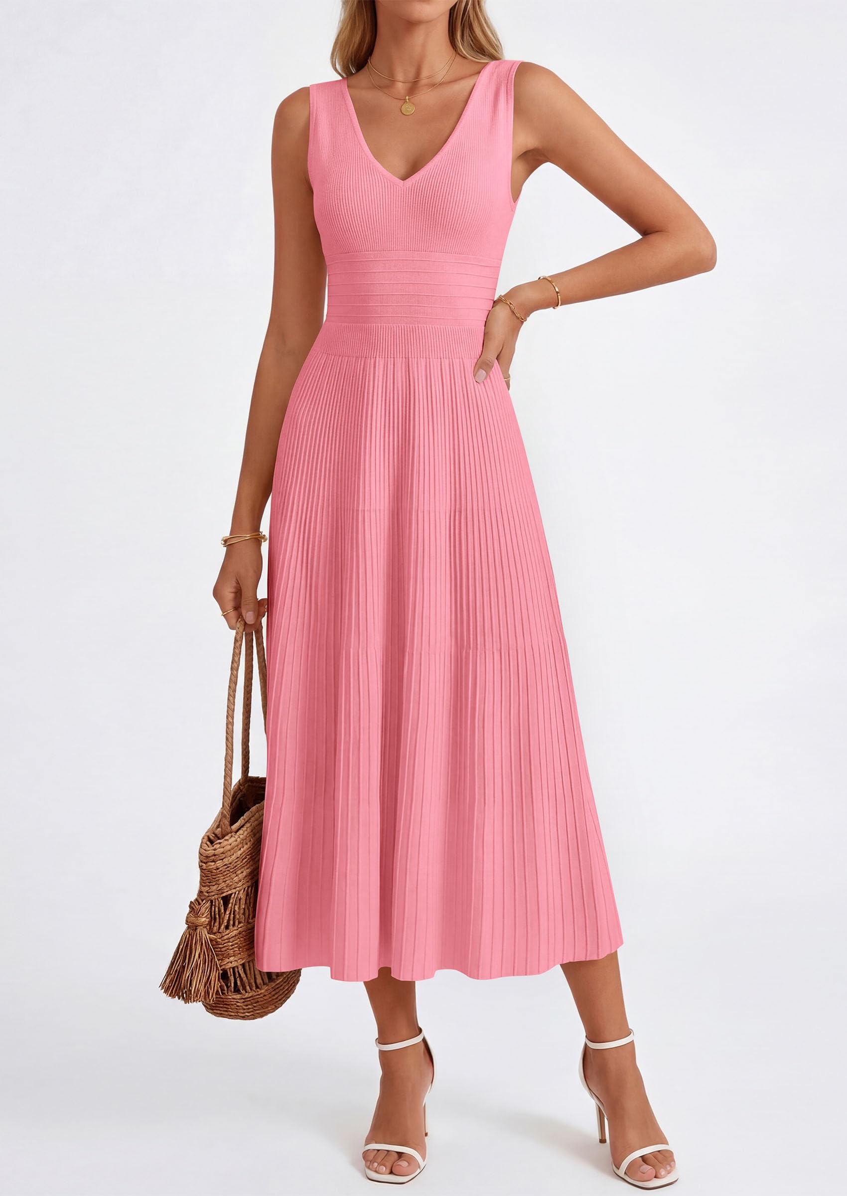 PRETTYGARDEN Women's Summer Casual Dresses Spring Sleeveless V Neck Knit Midi Business Work A Line Cocktail Dress