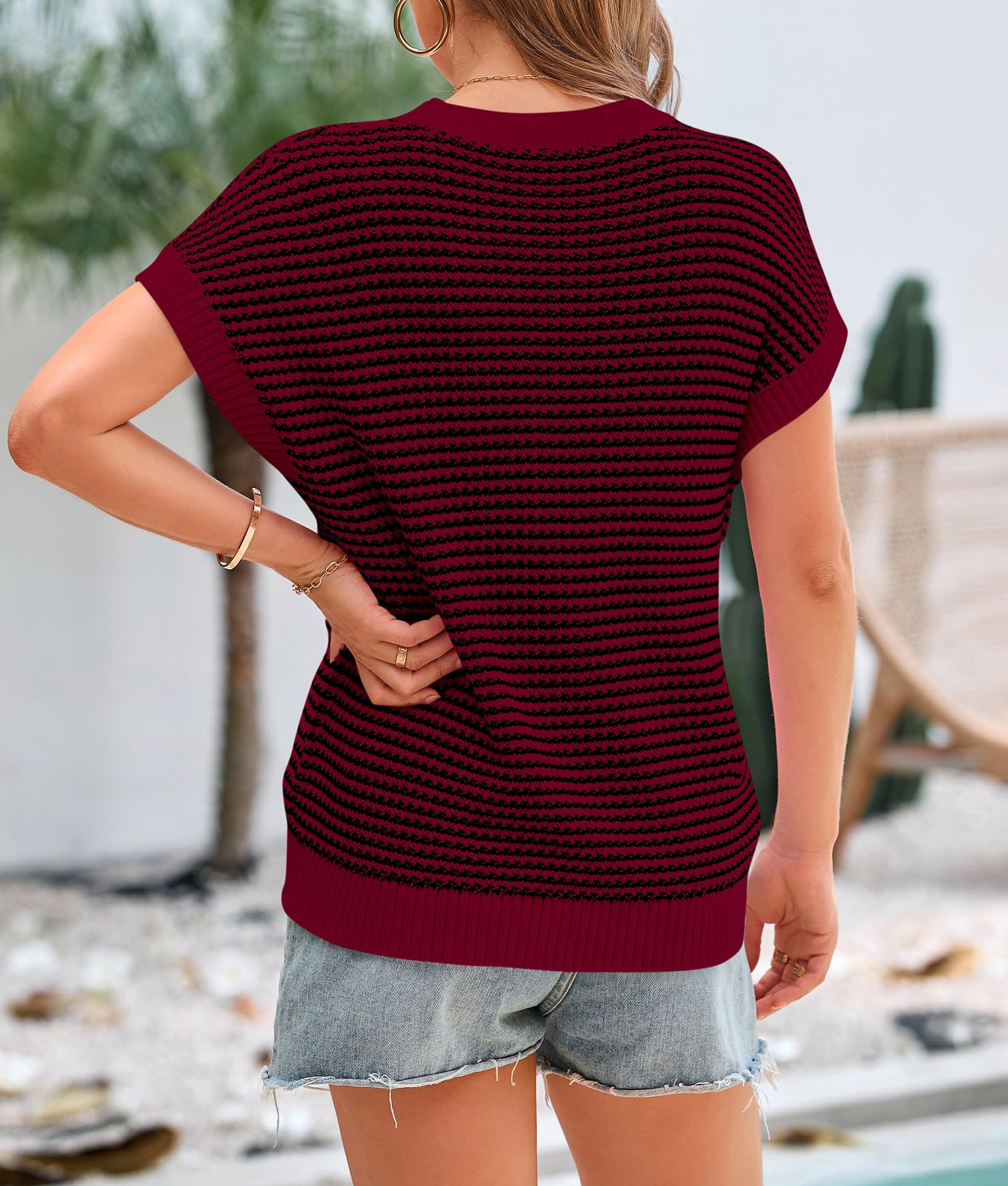 PRETTYGARDEN Womens Short Sleeve Sweater Spring Summer Round Neck Striped Pullover Cap Sleeve Knit Sweater Vest Tops