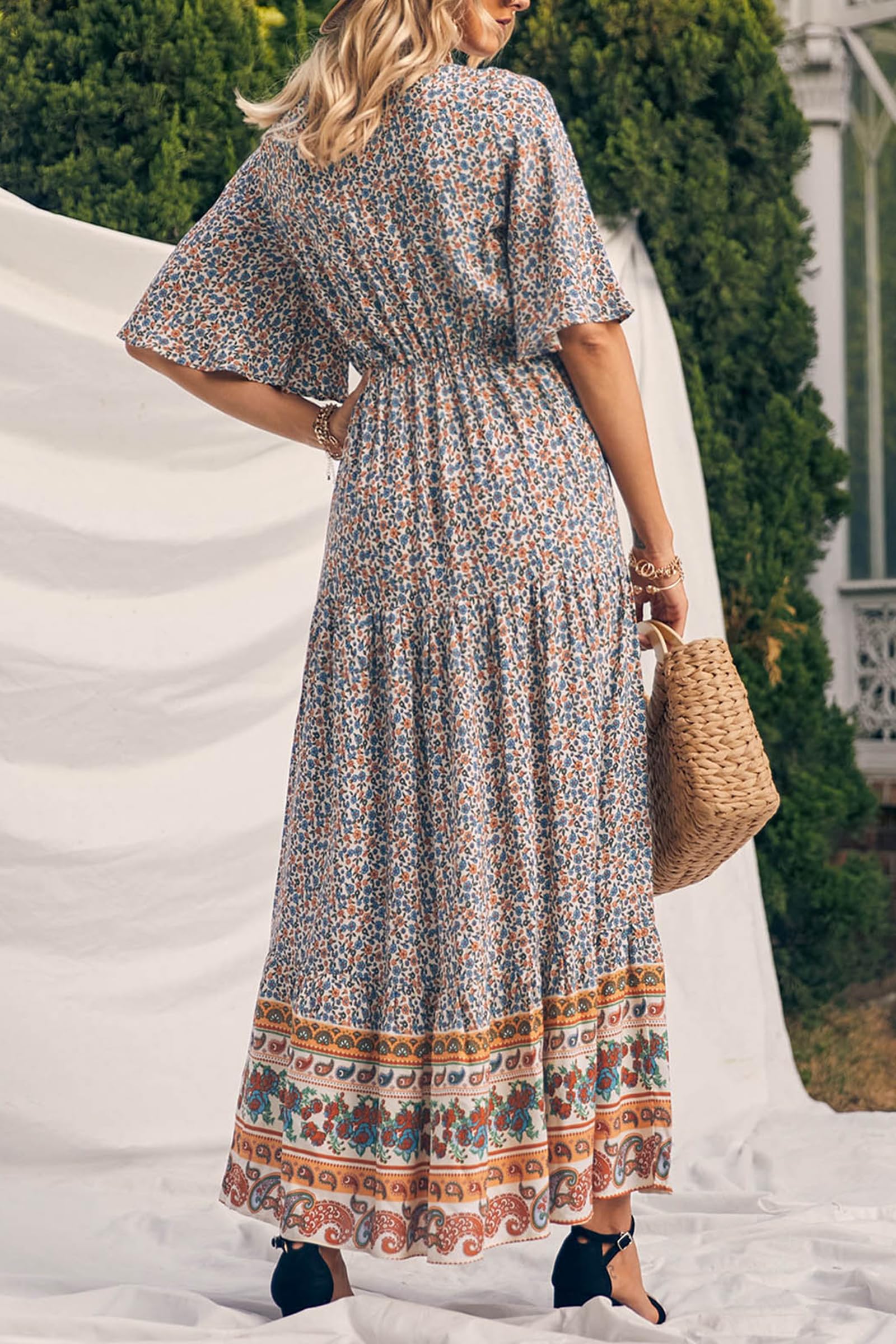 PRETTYGARDEN Women's Casual Summer Boho Floral Print Dress V Neck Short Sleeve High Waist Long Maxi Beach Dresses