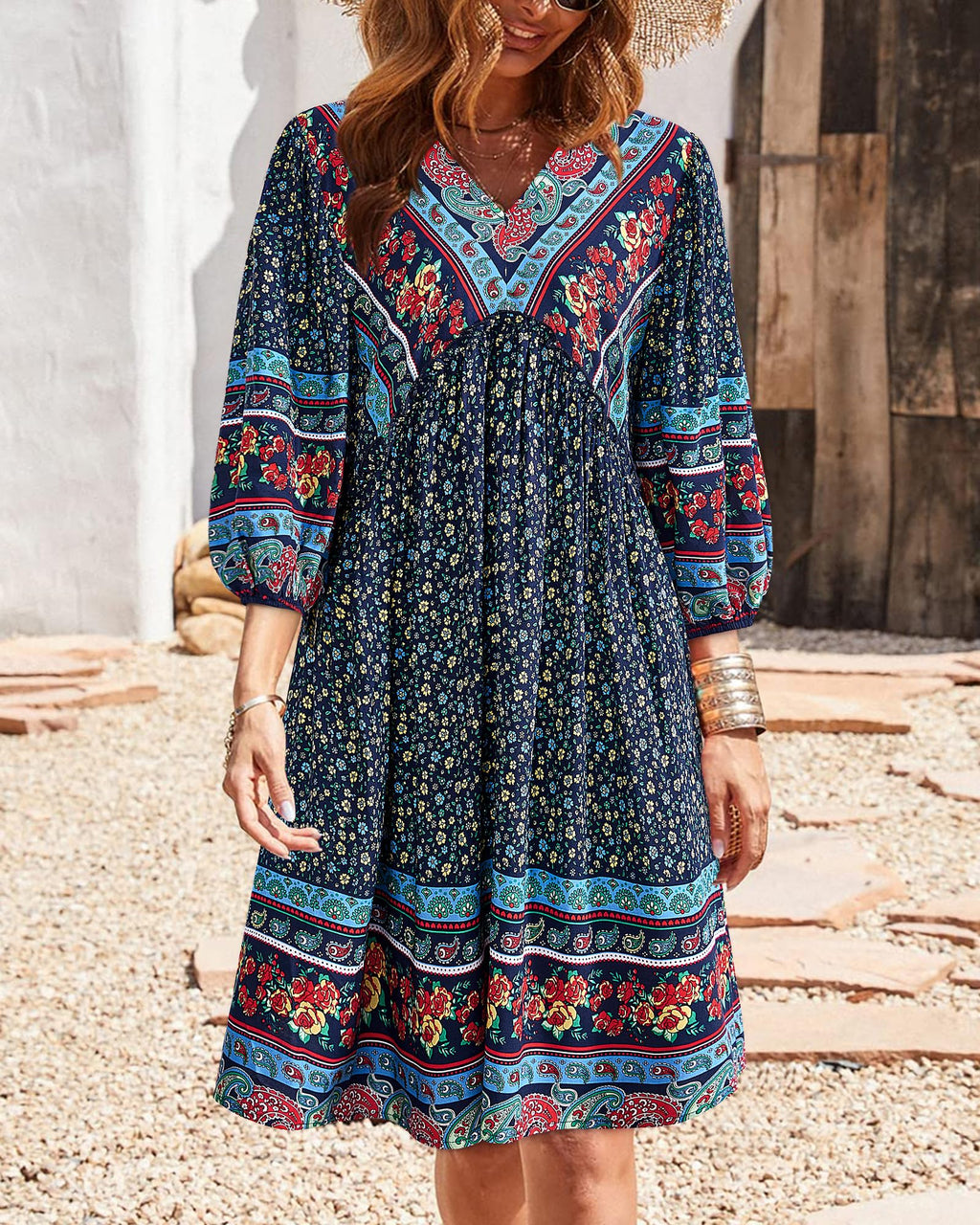 BTFBM Women Casual Spring Summer Dresses V Neck 3/4 Long Sleeve Ruffle Floral Flowy Boho Babydoll Mini Short Beach Dress