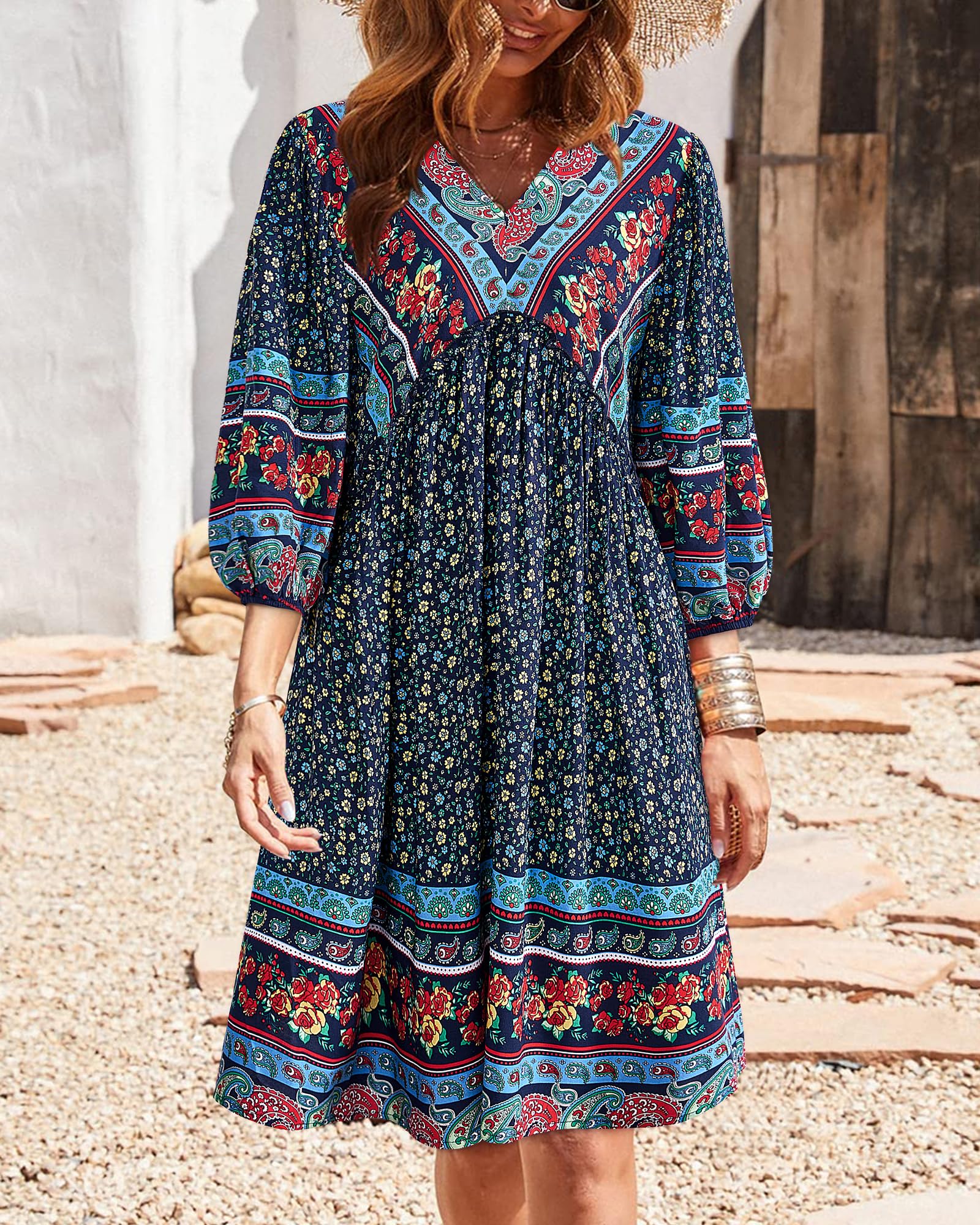 BTFBM Women Casual Spring Summer Dresses V Neck 3/4 Long Sleeve Ruffle Floral Flowy Boho Babydoll Mini Short Beach Dress