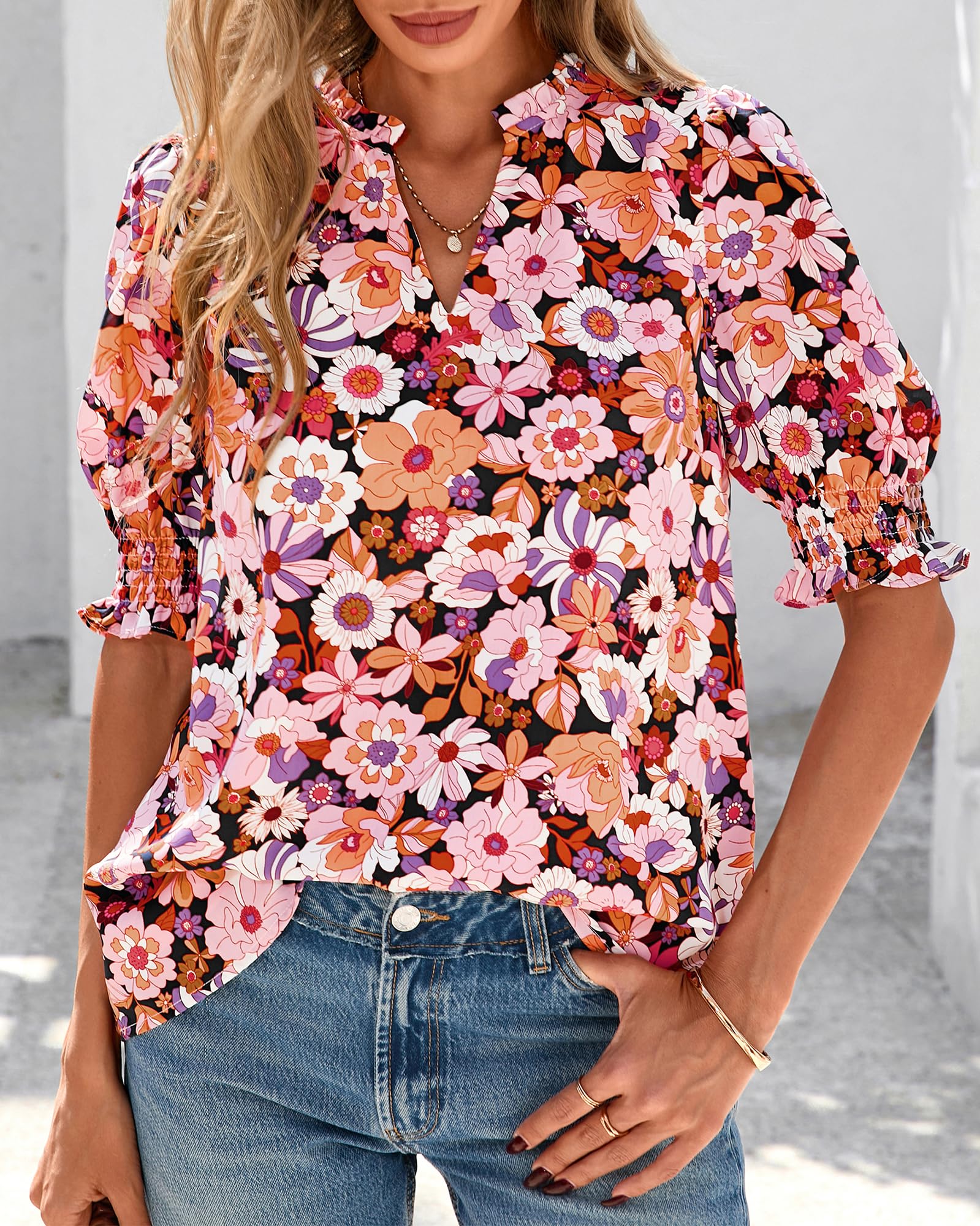 BTFBM Summer Blouses for Women Dressy Casual Fashion Spring Tops Floral Boho V Neck Puff Short Sleeve Top Shirts