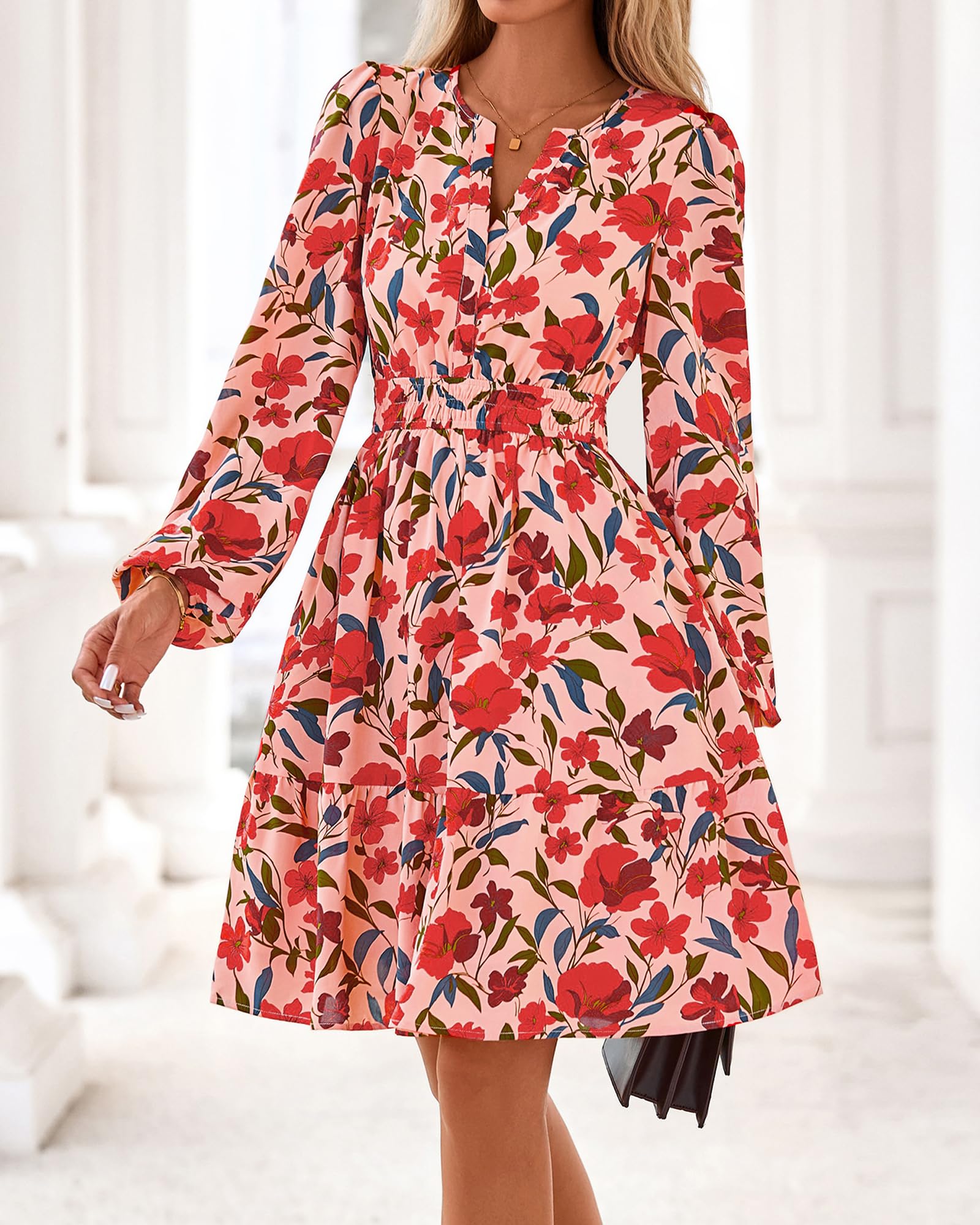 BTFBM Spring Dresses for Women Mini Long Sleeve Elastic Waist Summer Vacation Outfits Floral Wedding Guest Dress