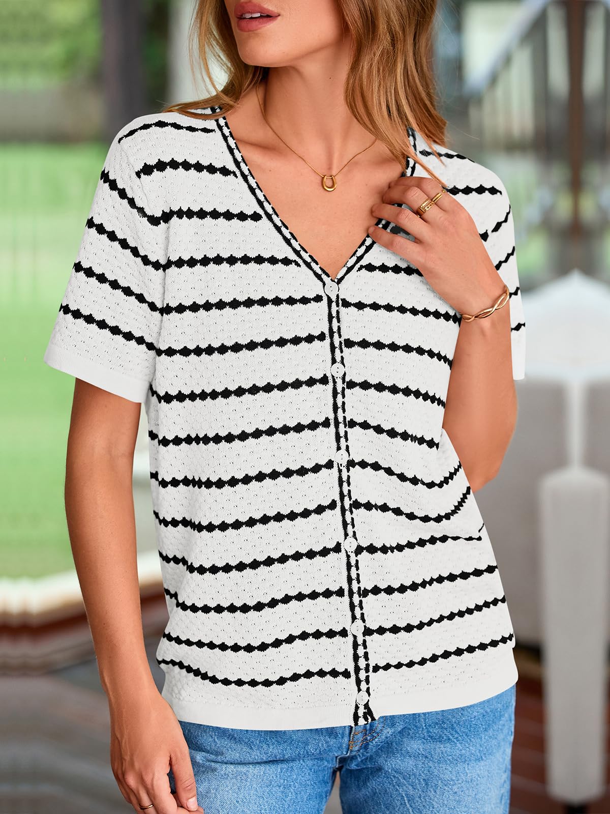 FreshPretty Women's Short Sleeve Sweater Spring Summer Crochet Knit Tops V Neck Striped Button Down Dressy Casual Blouses