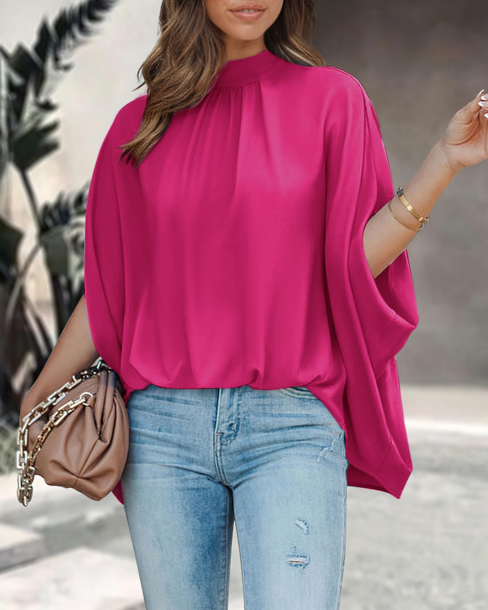 FreshPretty Womens Summer Tops Fall Mock Neck Batwing Sleeve Shirts Loose High Low Hem Oversized Dressy Casual Blouses