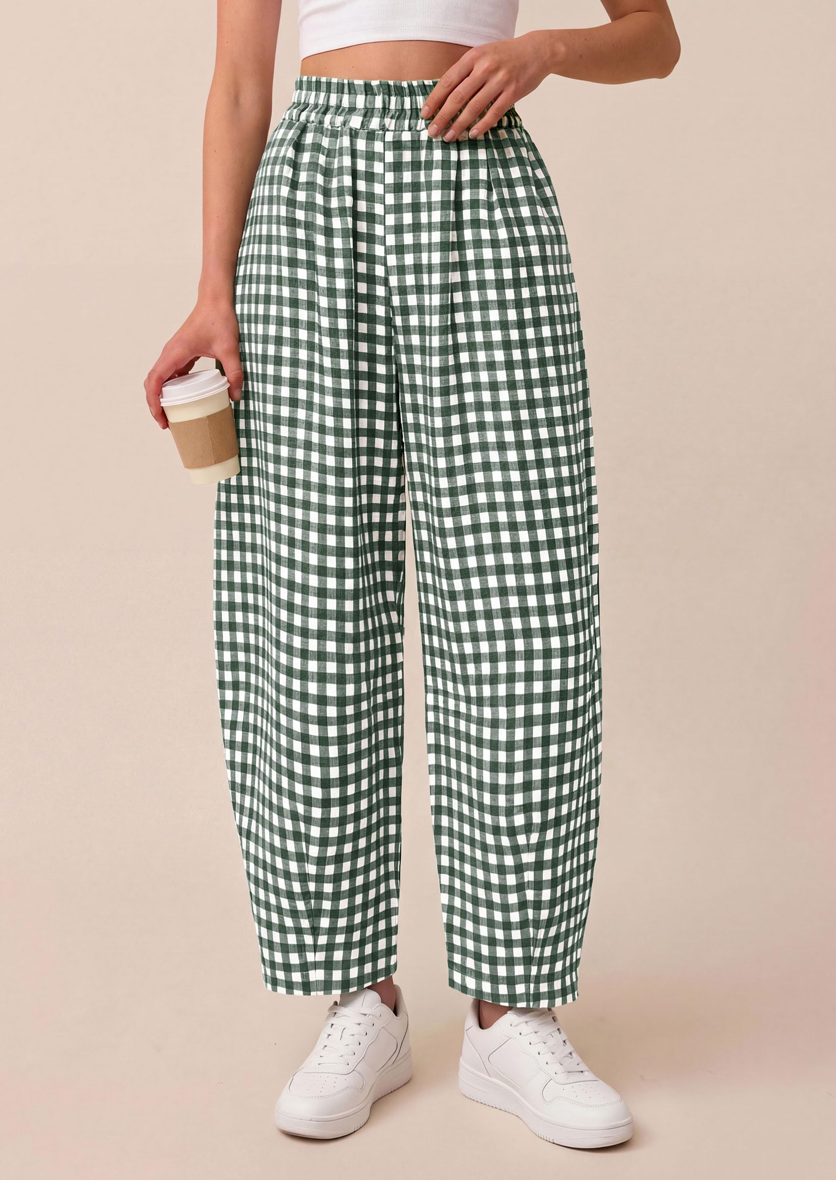 PRETTYGARDEN Plaid Barrel Pants Women Summer Casual Loose Wide Leg Lounge Gingham Trousers Spring Fashion Beach Bottoms