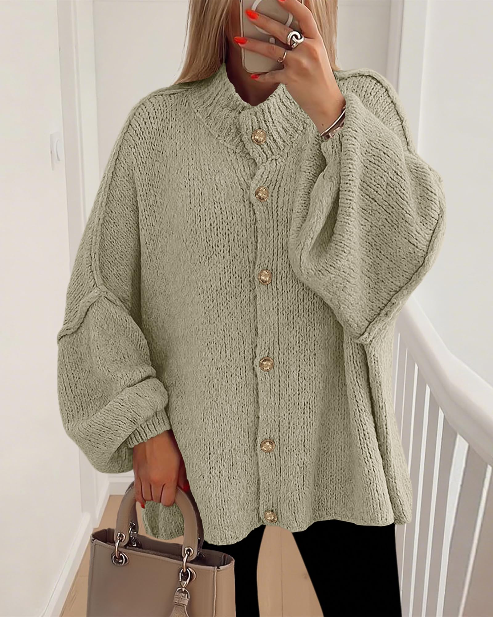 BTFBM Cardigan Sweaters for Women Fall Clothes Lantern Long Sleeve Button Open Front Chunky Knit Oversized Sweater