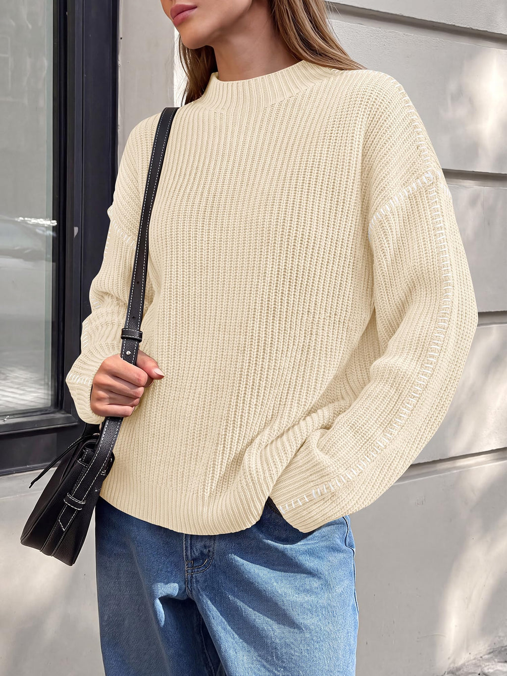 "BTFBM Womens Oversized Sweaters Contrast Chunky Knit Sweater Loose Fit Mock Neck Long Sleeve Tops, Soft Cozy Knitwear, Fall Fashion 2026, Casual Winter Clothing, Daily Going Out Outfits"