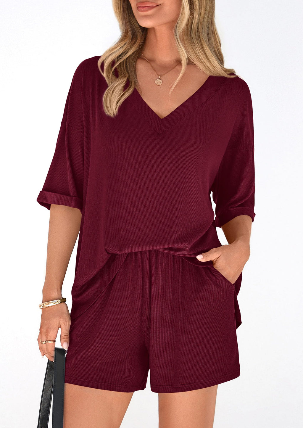 PRETTYGARDEN Womens 2 Piece Sets Summer Oversized Vneck Half Sleeve Tops Shorts Lounge Set Casual Travel Airport Outfits