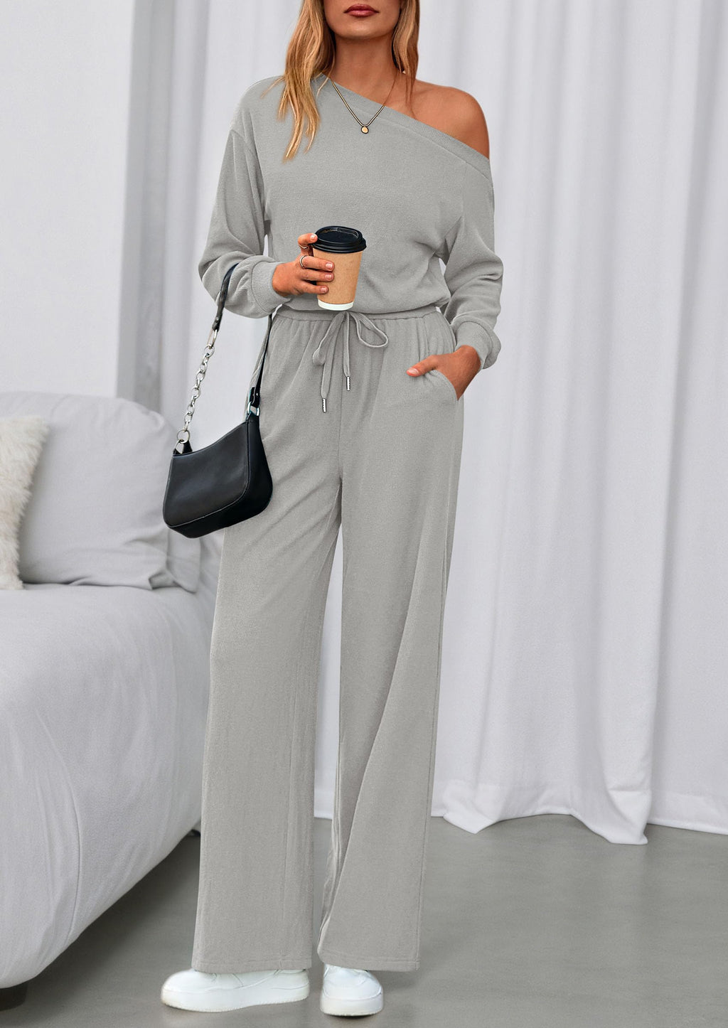 PRETTYGARDEN Long Sleeve Jumpsuit For Women Dressy Off Shoulder One Piece Loose Wide Leg Jumpsuits Casual Flowy Romper