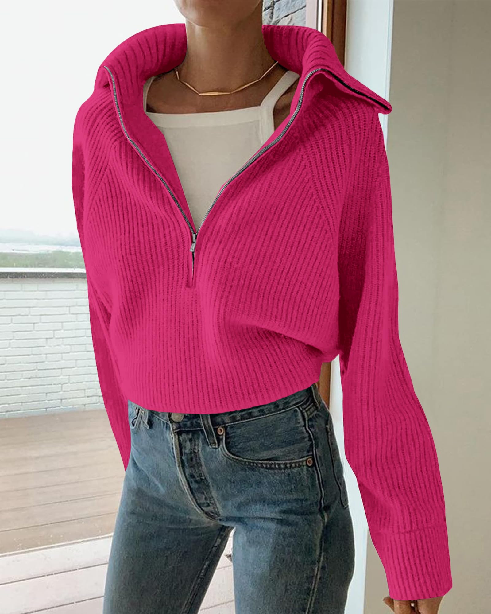 BTFBM Womens Sweaters Quarter Zip Pullover V Neck Collar Long Sleeve Ribbed Knit Loose Casual Winter Fall Sweater