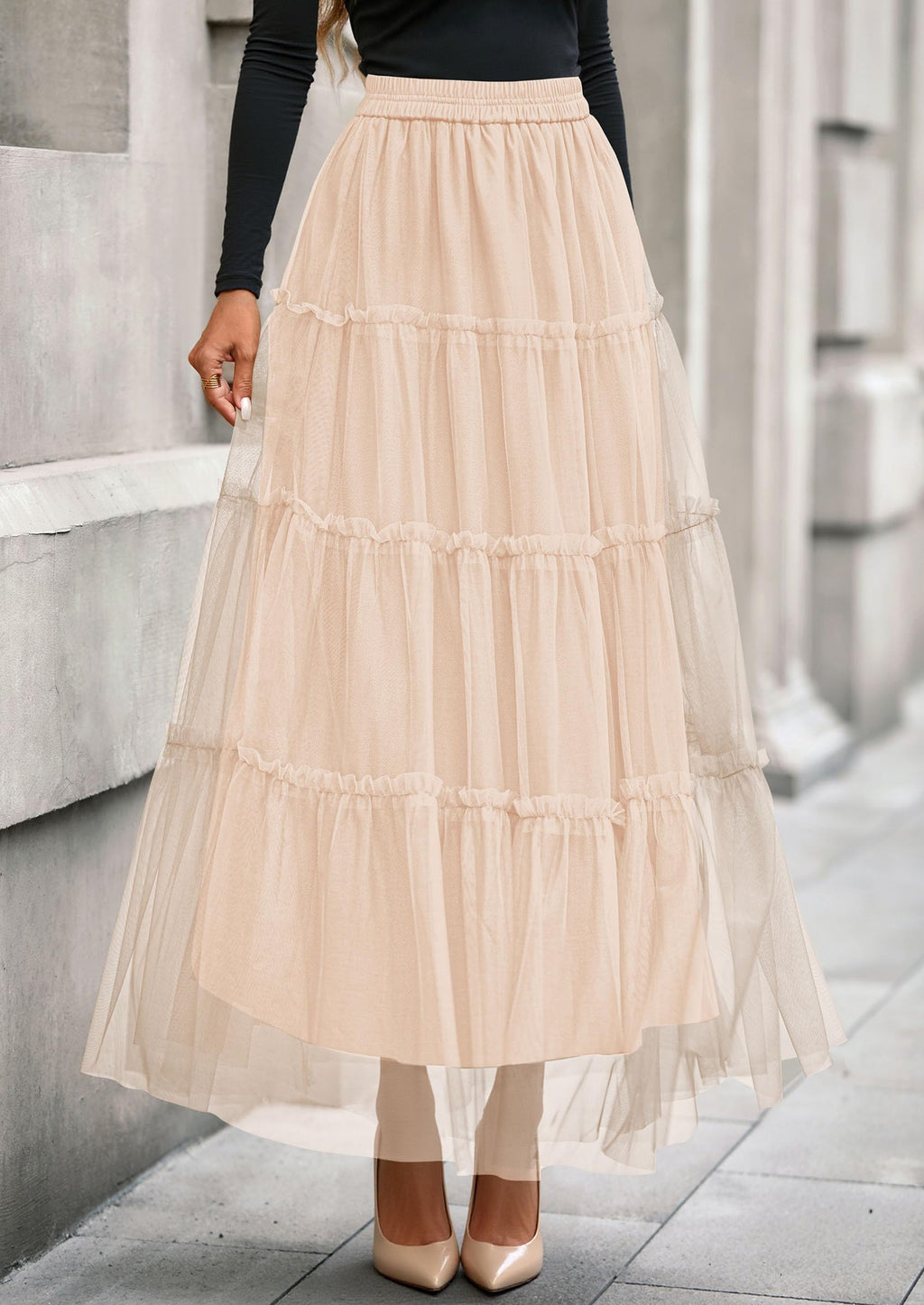 PRETTYGARDEN Tulle Skirts for Women Fall Fashion Elastic High Waisted Fairy Tiered Flowy A-Line Casual Maxi Long Skirt