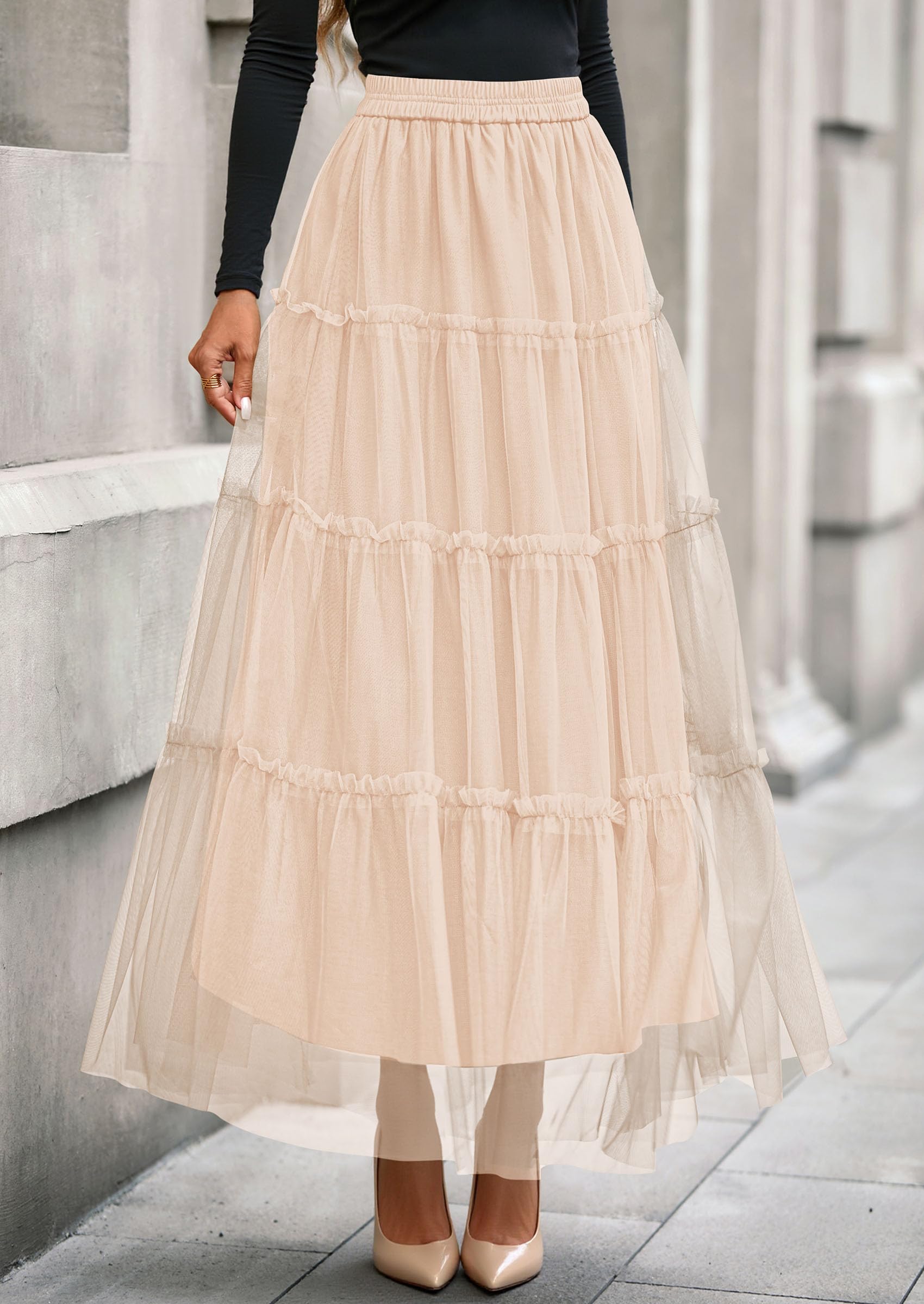 PRETTYGARDEN Tulle Skirts for Women Fall Fashion Elastic High Waisted Fairy Tiered Flowy A-Line Casual Maxi Long Skirt