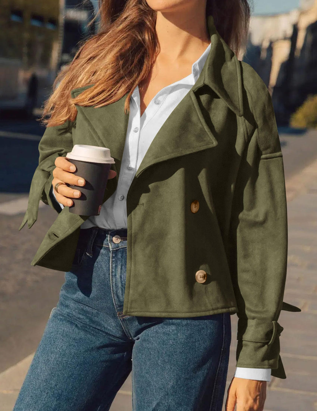 PRETTYGARDEN Women Faux Suede Double Breasted Trench Coat Cropped Jackets Raglan Long Sleeve,Lapel,Tie Cuff,Button Down,Fall Fashion Outerwear,Winter Clothes,Work Office Casual Short Jacket
