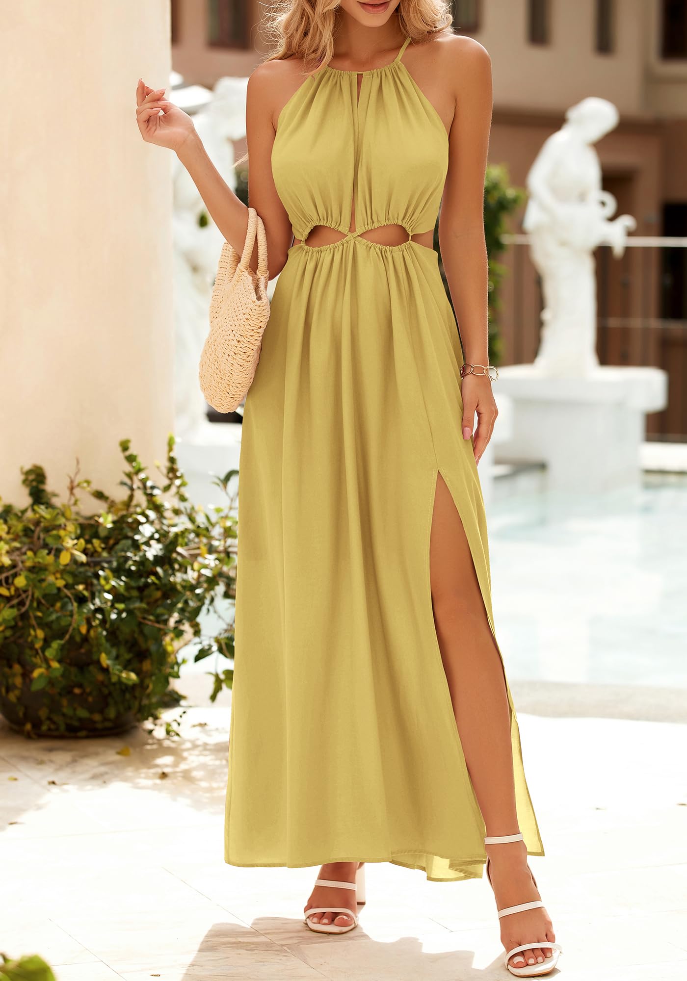 BTFBM Women Halter Summer Dresses Sleeveless Cutout Backless Sundress Slit Boho Maxi Beach Wedding Guest Dress