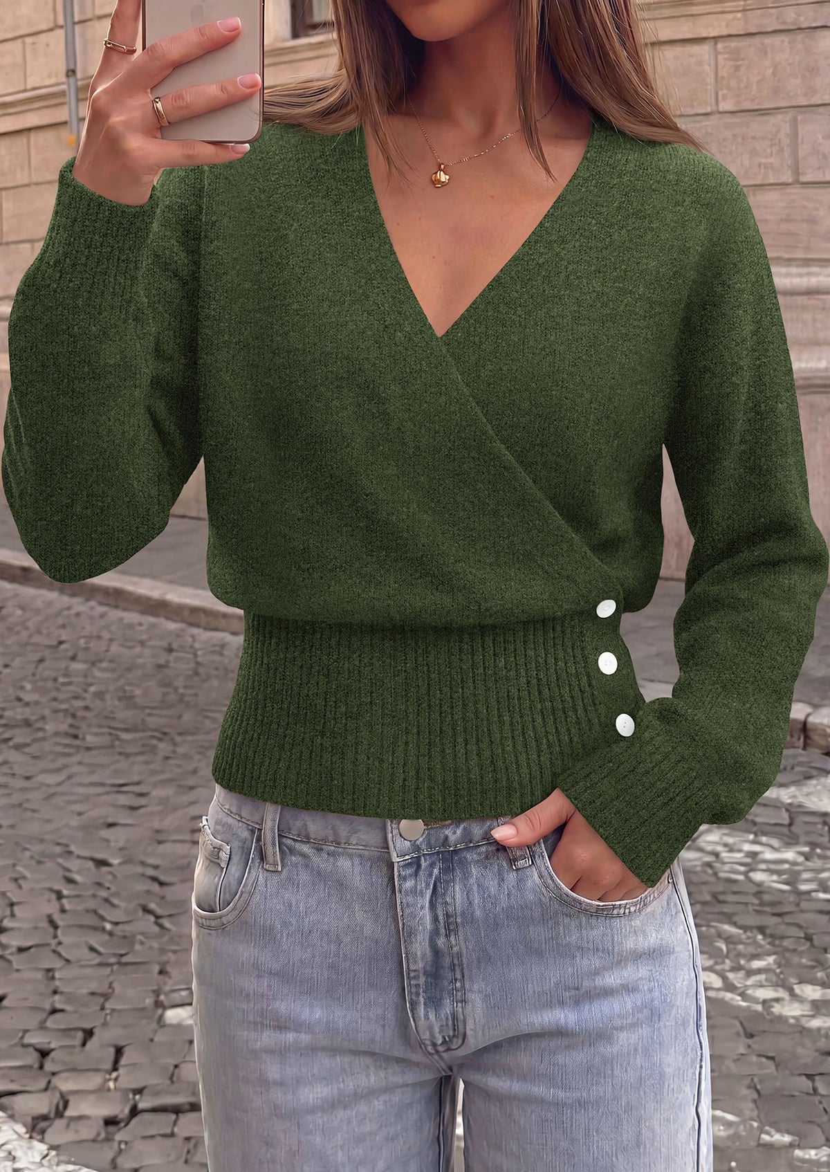 PRETTYGARDEN Women V Neck Wrap Sweater Cropped Tops，Fall Winter Fashion , Business Casual Outfits, Stretchy Soft knit, Wide Ribbed Hem with Side Buttons Pullover Sweaters