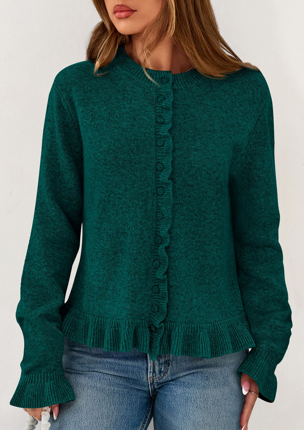 PRETTYGARDEN Womens Fall Button Down Cardigans Chunky Knit Ruffle Open Front Cropped Cardigan Sweaters Soft Long Sleeve Tops