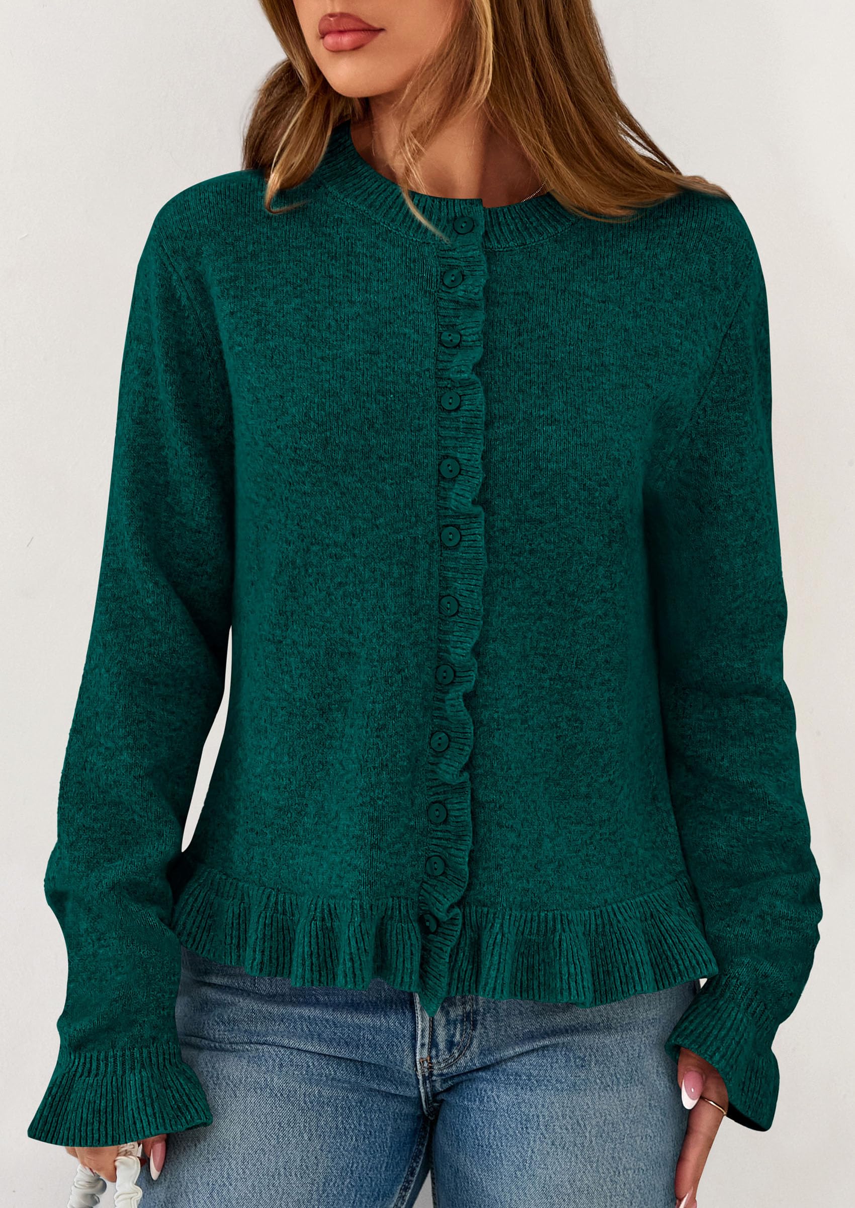 PRETTYGARDEN Womens Fall Button Down Cardigans Chunky Knit Ruffle Open Front Cropped Cardigan Sweaters Soft Long Sleeve Tops