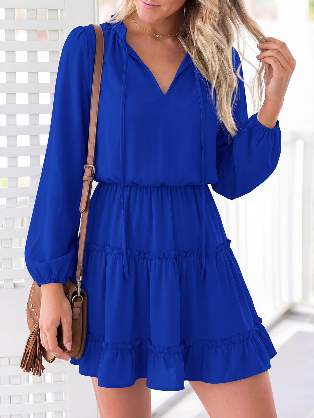 BTFBM Long Sleeve Summer Dresses for Women Casual Tie Neck Ruffle Tiered A Line Mini Spring Wedding Guest Dress