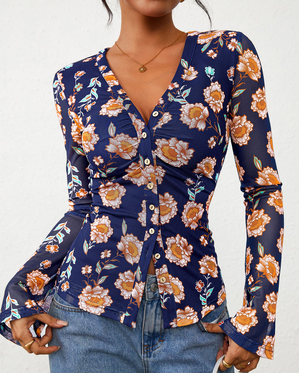 FreshPretty Button Down Shirts for Women Fall Fashion V Neck Long Sleeve Blouse Ruched Mesh Fitted Floral Print Boho Tops