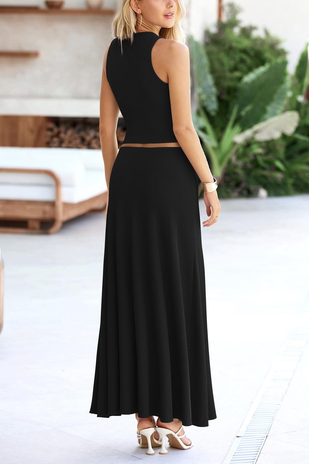 PRETTYGARDEN Women's 2 Piece Maxi Skirt Sets Casual Summer Knit Cropped Tank Top High Waisted Long Skirts Outfit