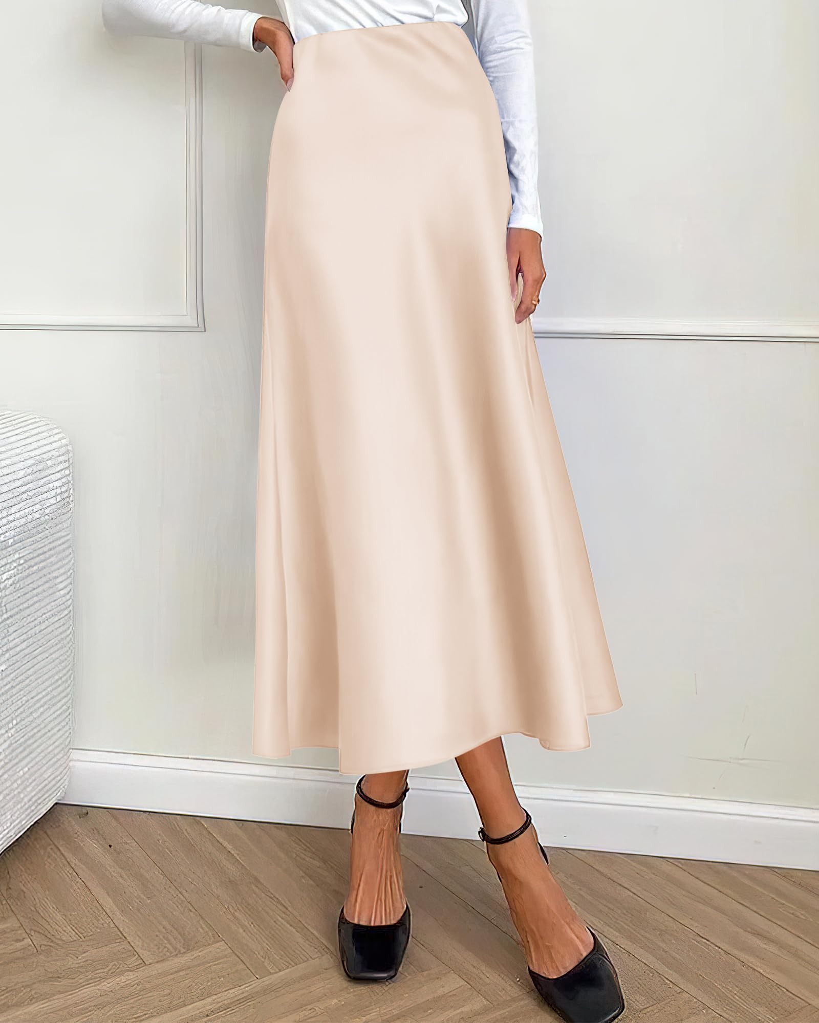 BTFBM Summer Womens Skirts Silk Elegant High Waist Flowy Long Satin A-Line Midi Skirt Cocktail Wedding Party