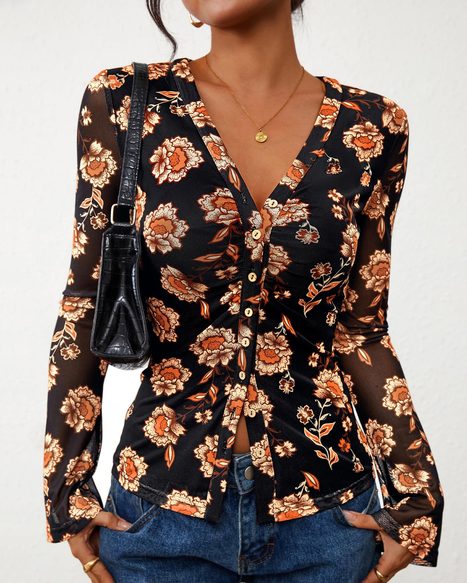 FreshPretty Button Down Shirts for Women Fall Fashion V Neck Long Sleeve Blouse Ruched Mesh Fitted Floral Print Boho Tops