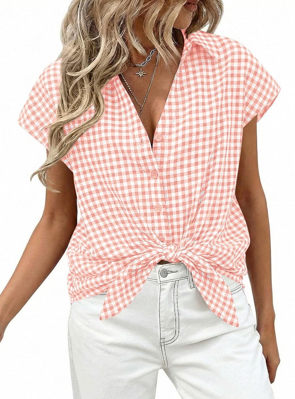 PRETTYGARDEN Womens Short Sleeve Shirts Plaid Button Down Blouse Dressy Casual Summer Spring Business Gingham Work Tops