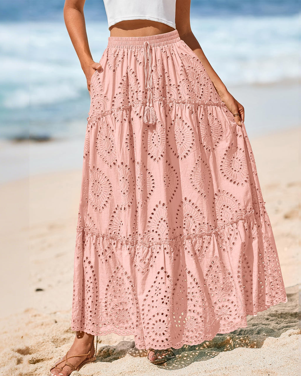 BTFBM Long Skirts for Women Summer Boho Lace Embroidery High Waist Flowy Tiered Spring Maxi Skirt Beach Vacation