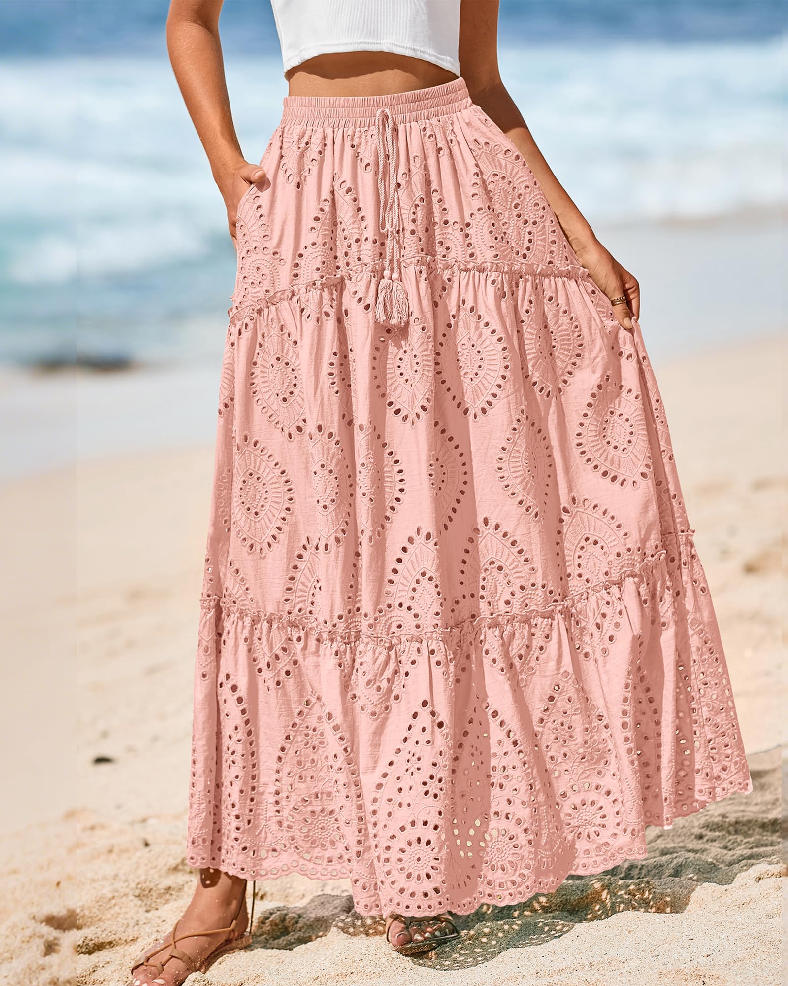 BTFBM Long Skirts for Women Summer Boho Lace Embroidery High Waist Flowy Tiered Spring Maxi Skirt Beach Vacation