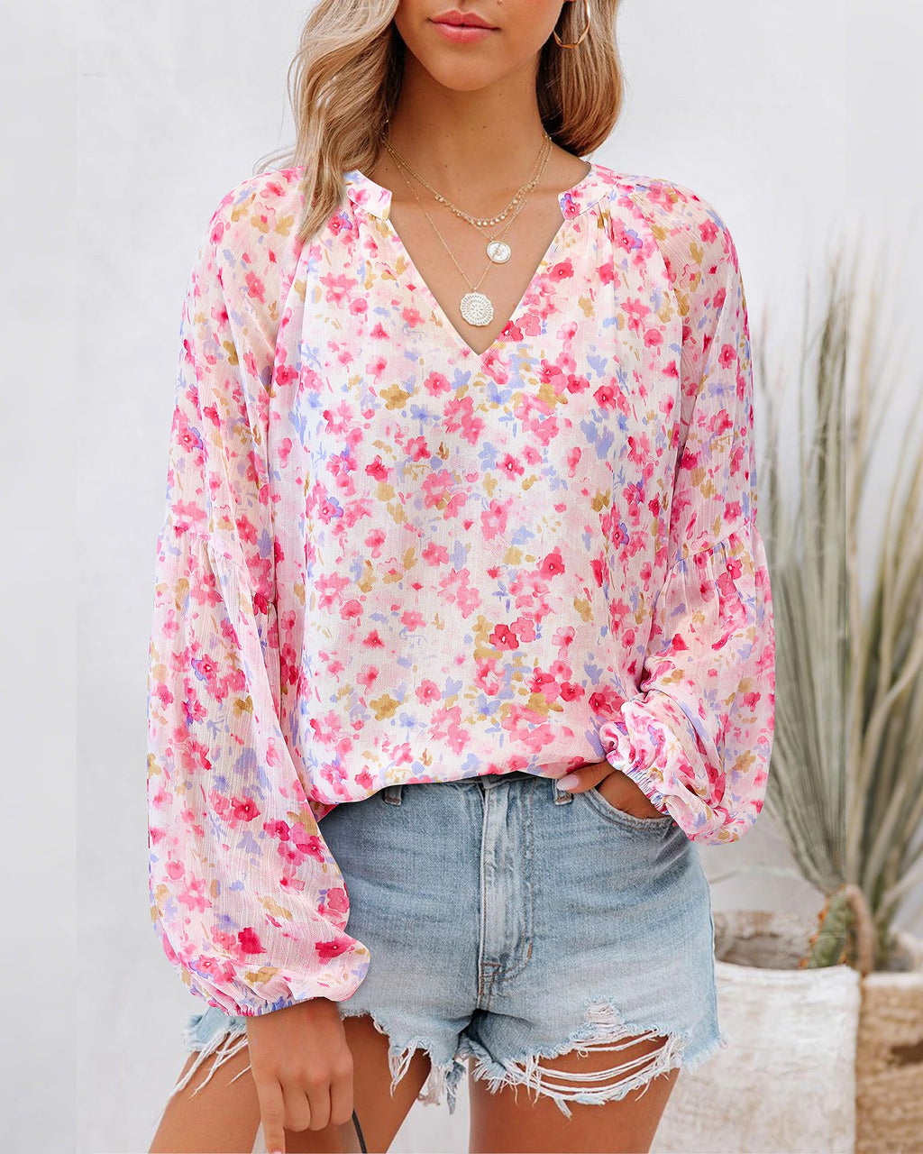 BTFBM Blouses for Women Dressy Casual Floral Summer Boho Tops V Neck Lightweight Long Sleeve Shirts Spring Clothes