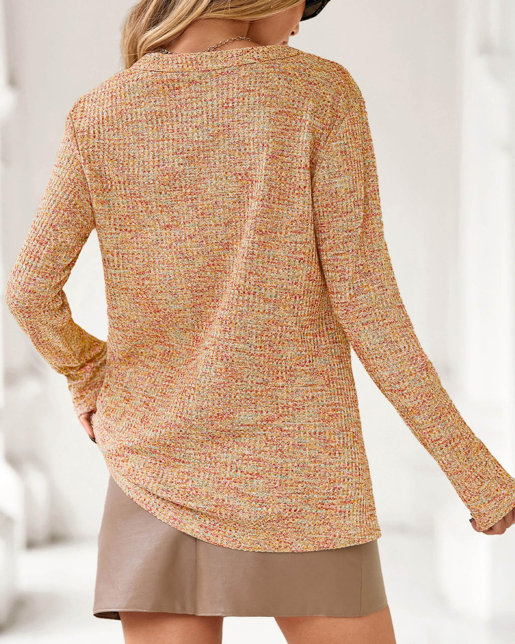 FreshPretty Waffle Knit Tops V Neck Long Sleeve Blouses for Women Dressy Casual Henley Work Shirts Spring Fall Clothes
