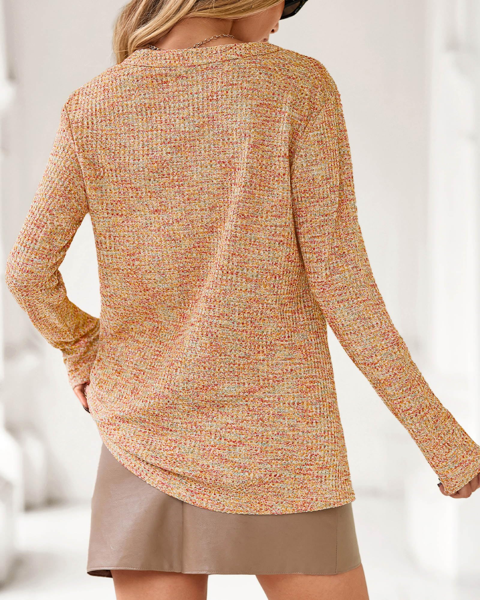 FreshPretty Waffle Knit Tops V Neck Long Sleeve Blouses for Women Dressy Casual Henley Work Shirts Spring Fall Clothes