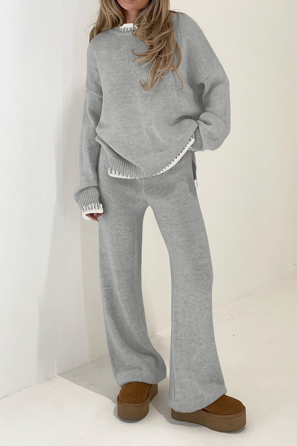 PRETTYGARDEN Women's 2 Piece Knit Sweater Outfit Casual Long Sleeve Pullover Wide Leg Pants Tracksuit Loungewear Set