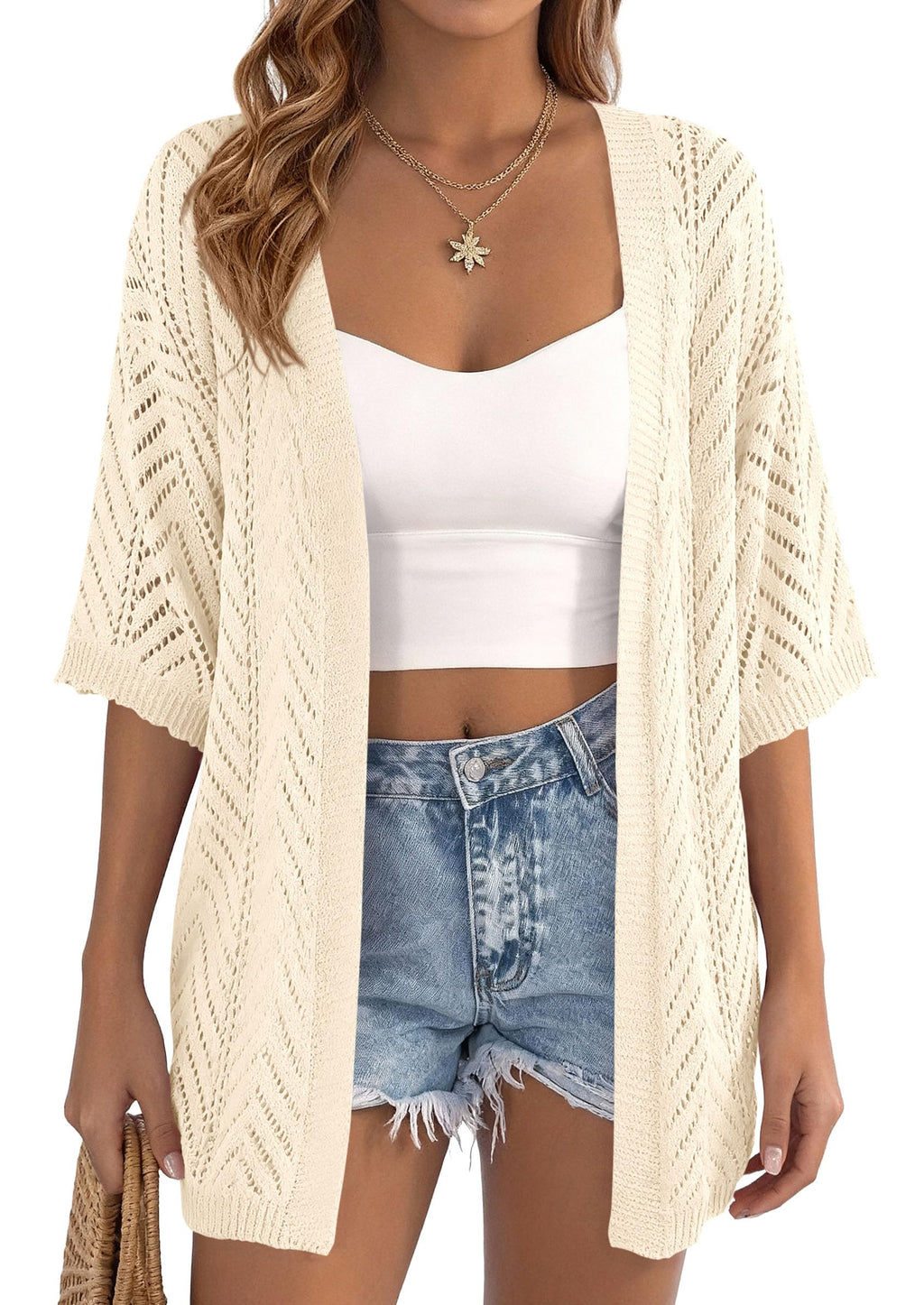 PRETTYGARDEN Women's Lightweight Summer Cardigans Short Sleeve Knit Crochet Coverups Spring Boho Beach Vacation Clothes