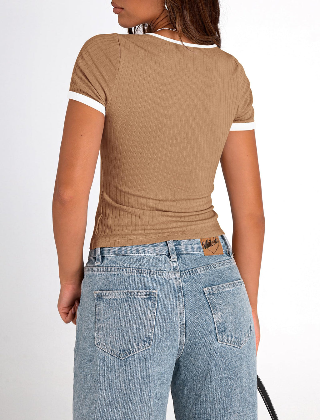 PRETTYGARDEN Women's Summer Short Sleeve T Shirts Ribbed Knit Square Neck Color Block Slim Fit Basic Casual Crop Tops Blouses
