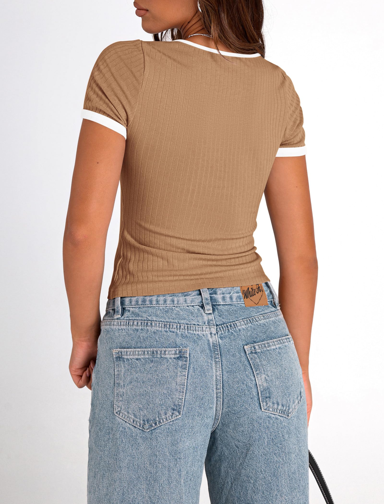 PRETTYGARDEN Women's Summer Short Sleeve T Shirts Ribbed Knit Square Neck Color Block Slim Fit Basic Casual Crop Tops Blouses