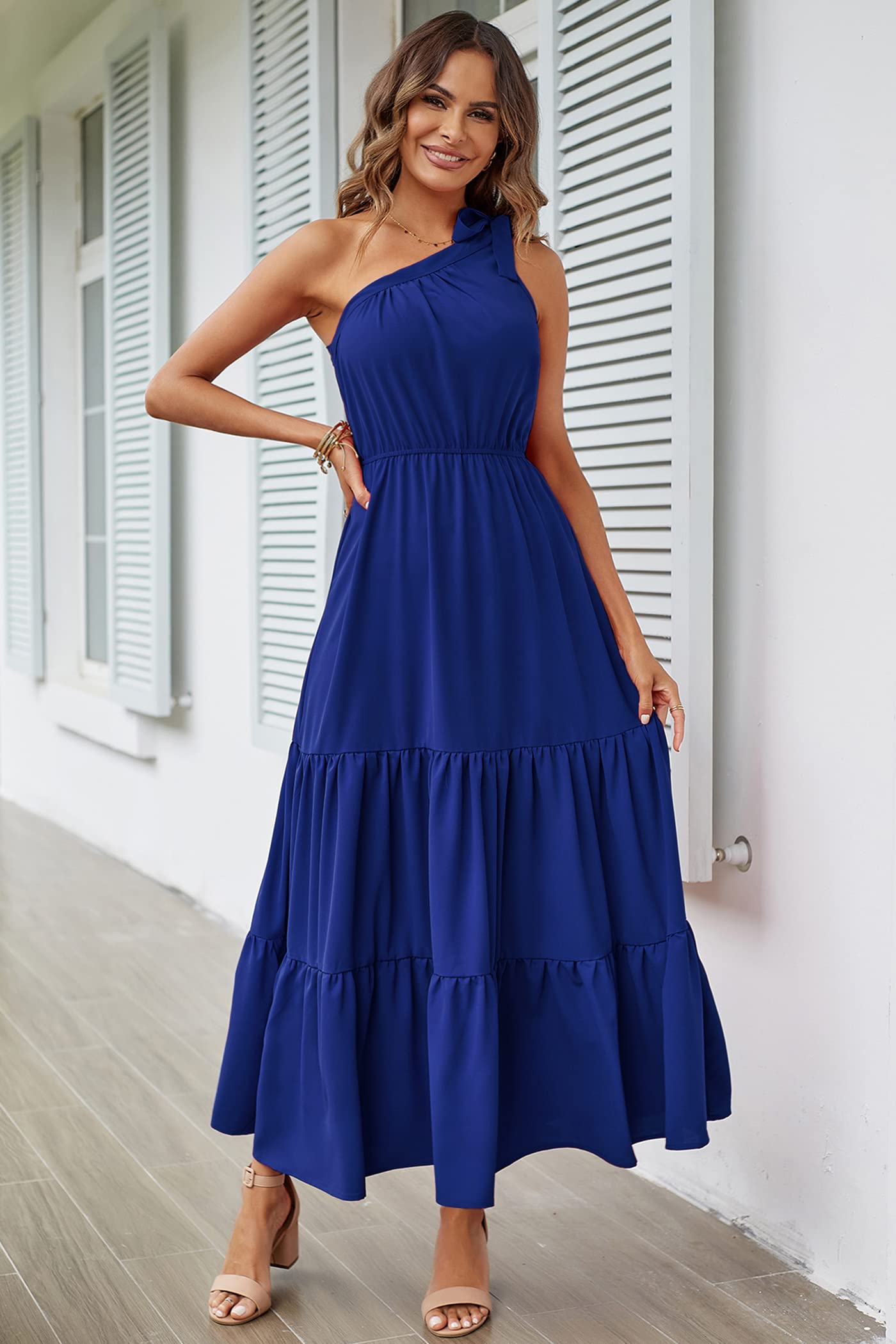 PRETTYGARDEN Women's Summer Floral One Shoulder Maxi Dress Knot Ruffle Boho Beach Vacation Wedding Guest Long Sun Dresses