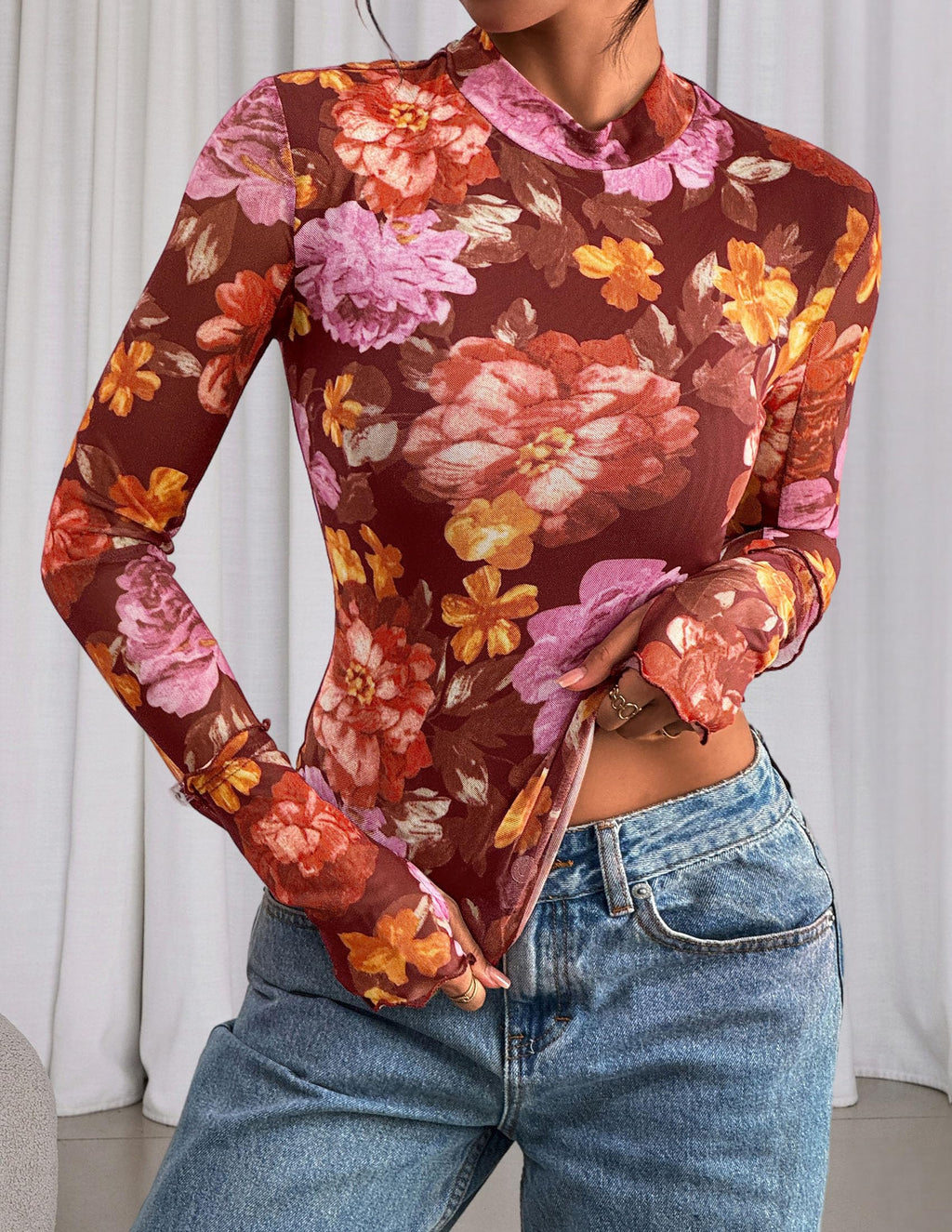 PRETTYGARDEN Womens Fall Mesh Floral Blouses Long Sleeve Going Out Tops Slim Fitted Shirts Date Night Outfits
