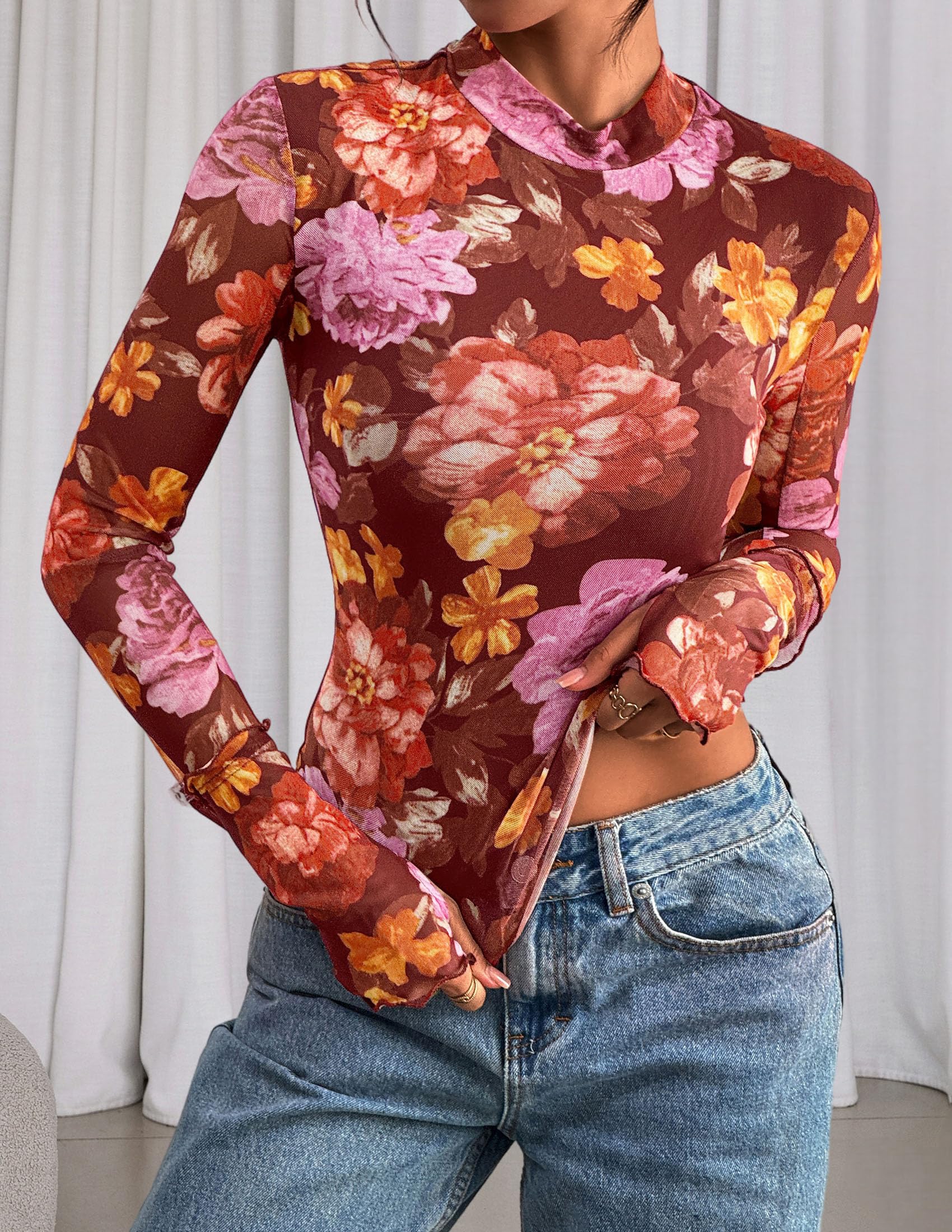 PRETTYGARDEN Womens Fall Mesh Floral Blouses Long Sleeve Going Out Tops Slim Fitted Shirts Date Night Outfits