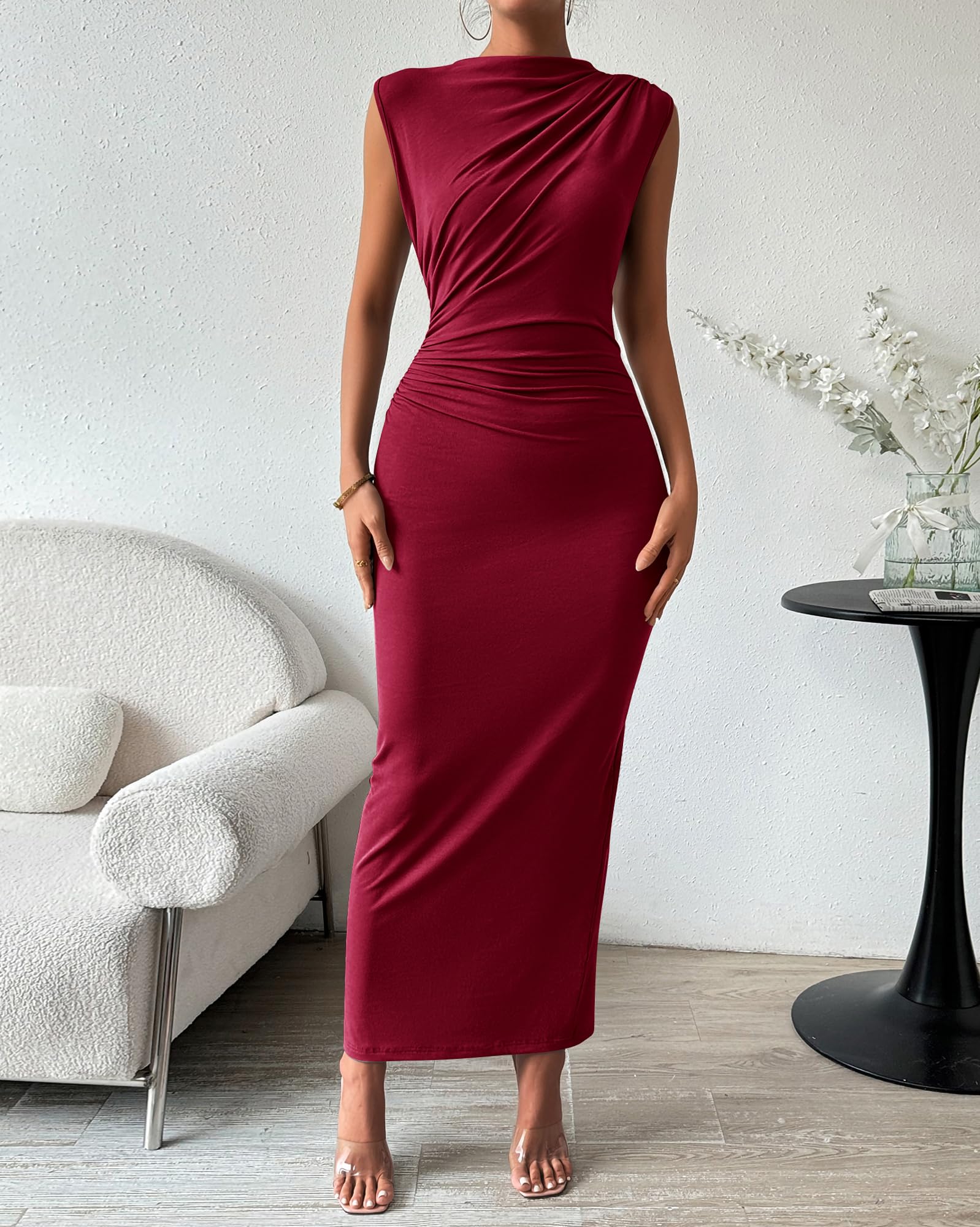 BTFBM Women's Ruched Bodycon Dress Summer Casual Sleeveless Lightweight Back Slit Elegant Club Party Cocktail Maxi Dresses