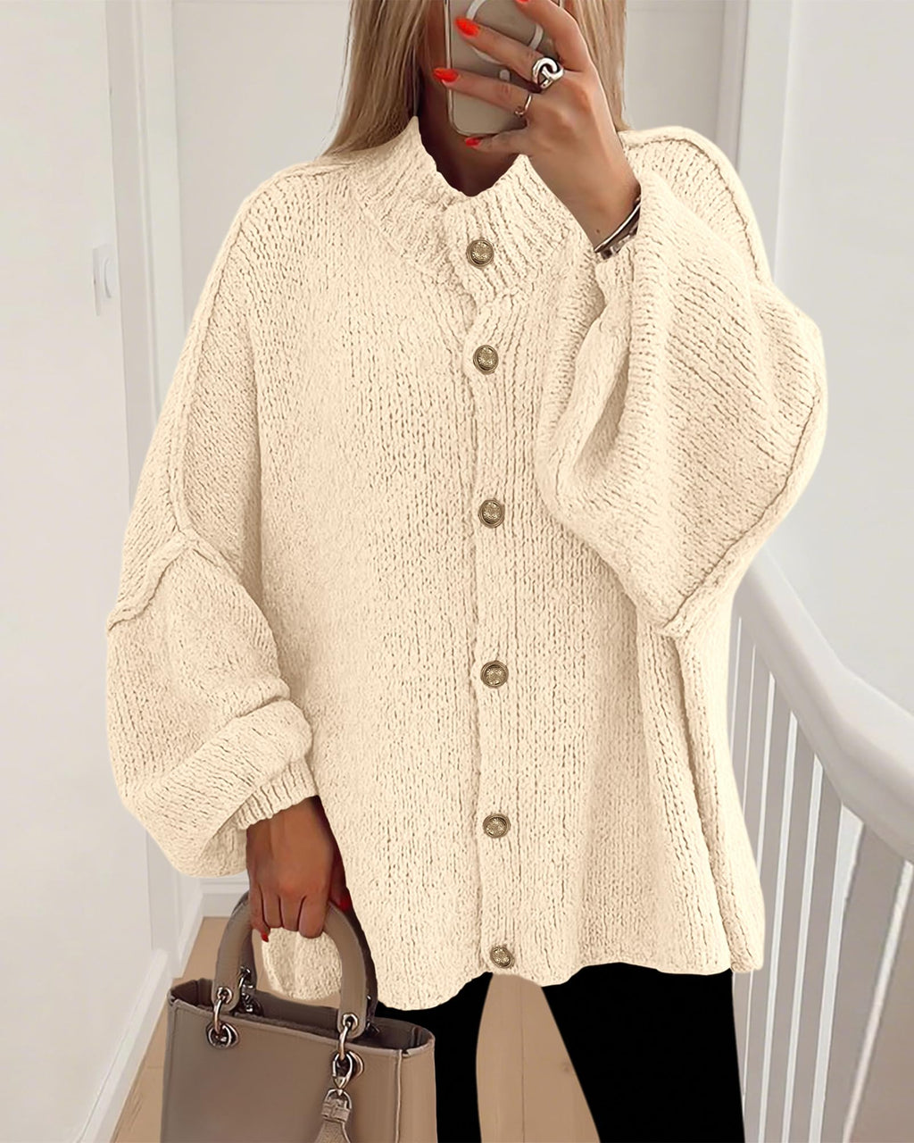 BTFBM Cardigan Sweaters for Women Fall Clothes Lantern Long Sleeve Button Open Front Chunky Knit Oversized Sweater